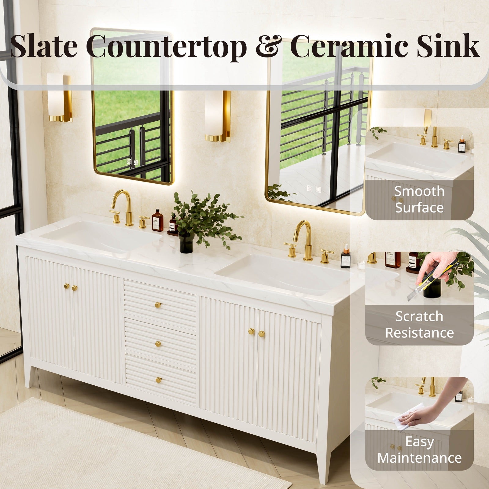 Elegant Bath Vanity Set, White, Gold Accents, 72"-104", Double, Freestanding, Striped Panel, Dual Smart LED Mirror