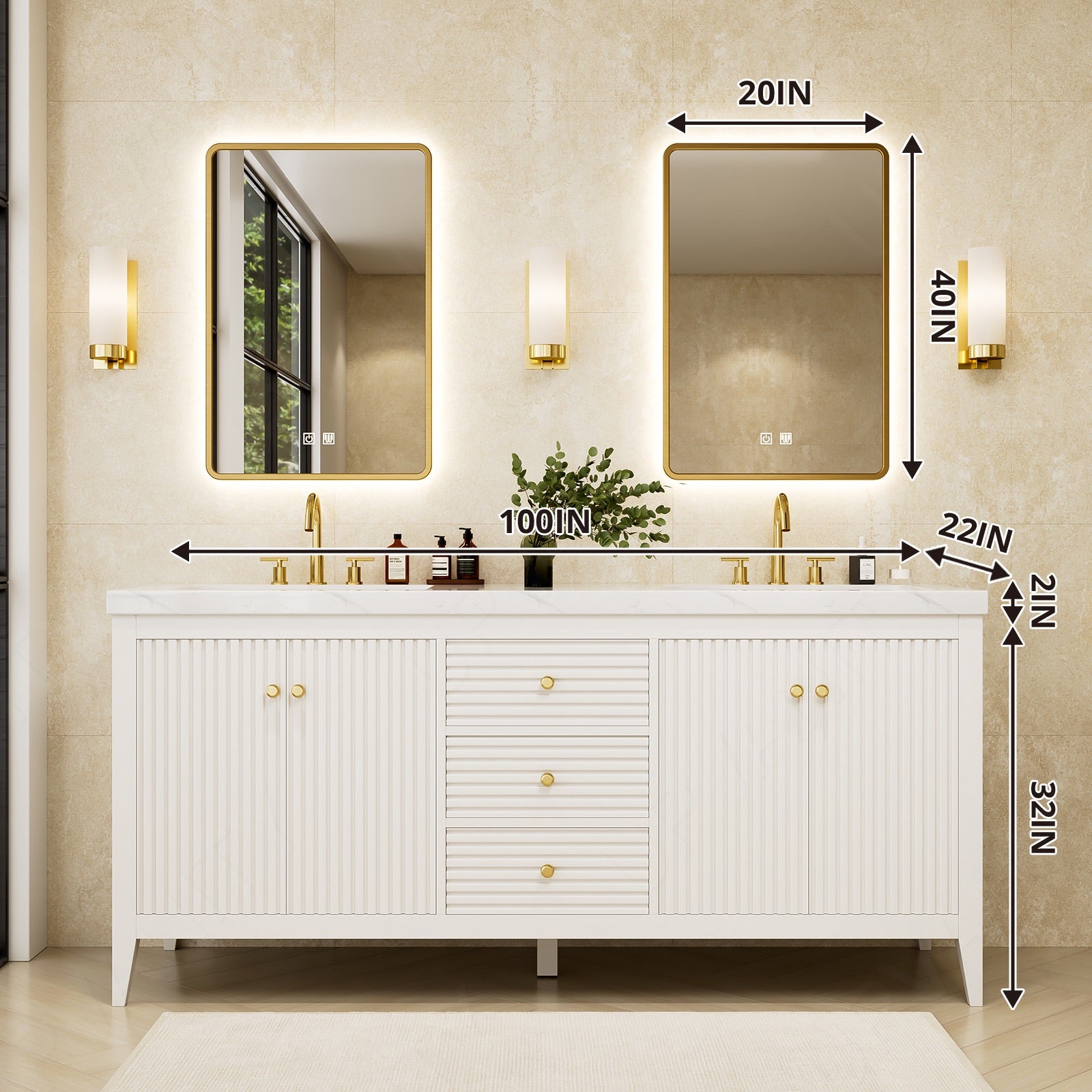 Elegant Bath Vanity Set, White, Gold Accents, 72"-104", Double, Freestanding, Striped Panel, Dual Smart LED Mirror