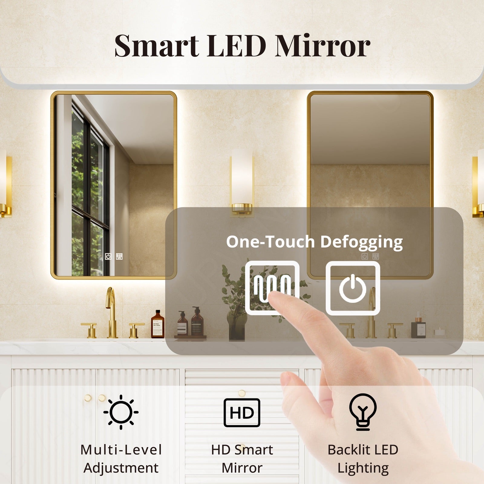 Elegant Bath Vanity Set, White, Gold Accents, 72"-104", Double, Freestanding, Striped Panel, Dual Smart LED Mirror