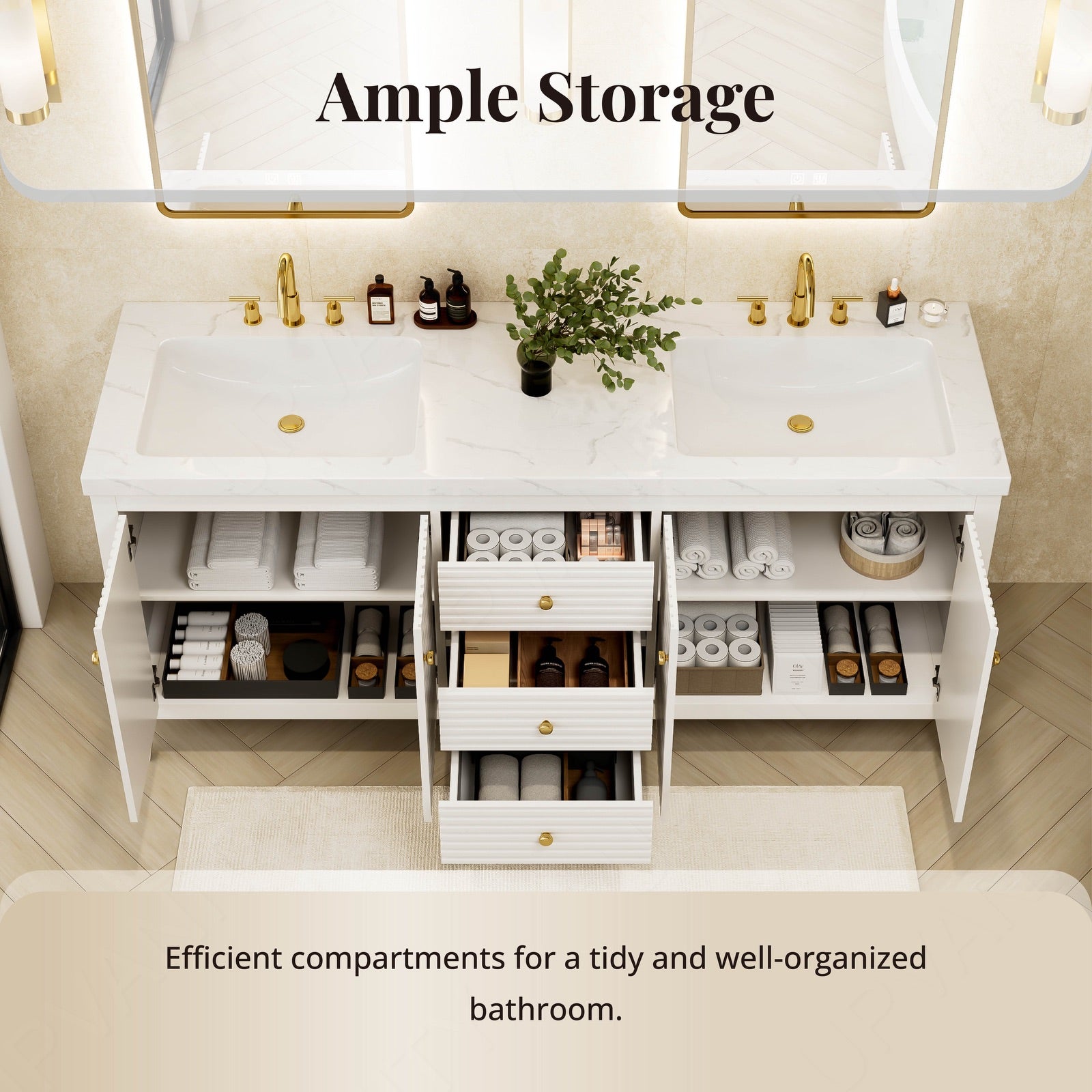 Elegant Bath Vanity Set, White, Gold Accents, 72"-104", Double, Freestanding, Striped Panel, Dual Smart LED Mirror
