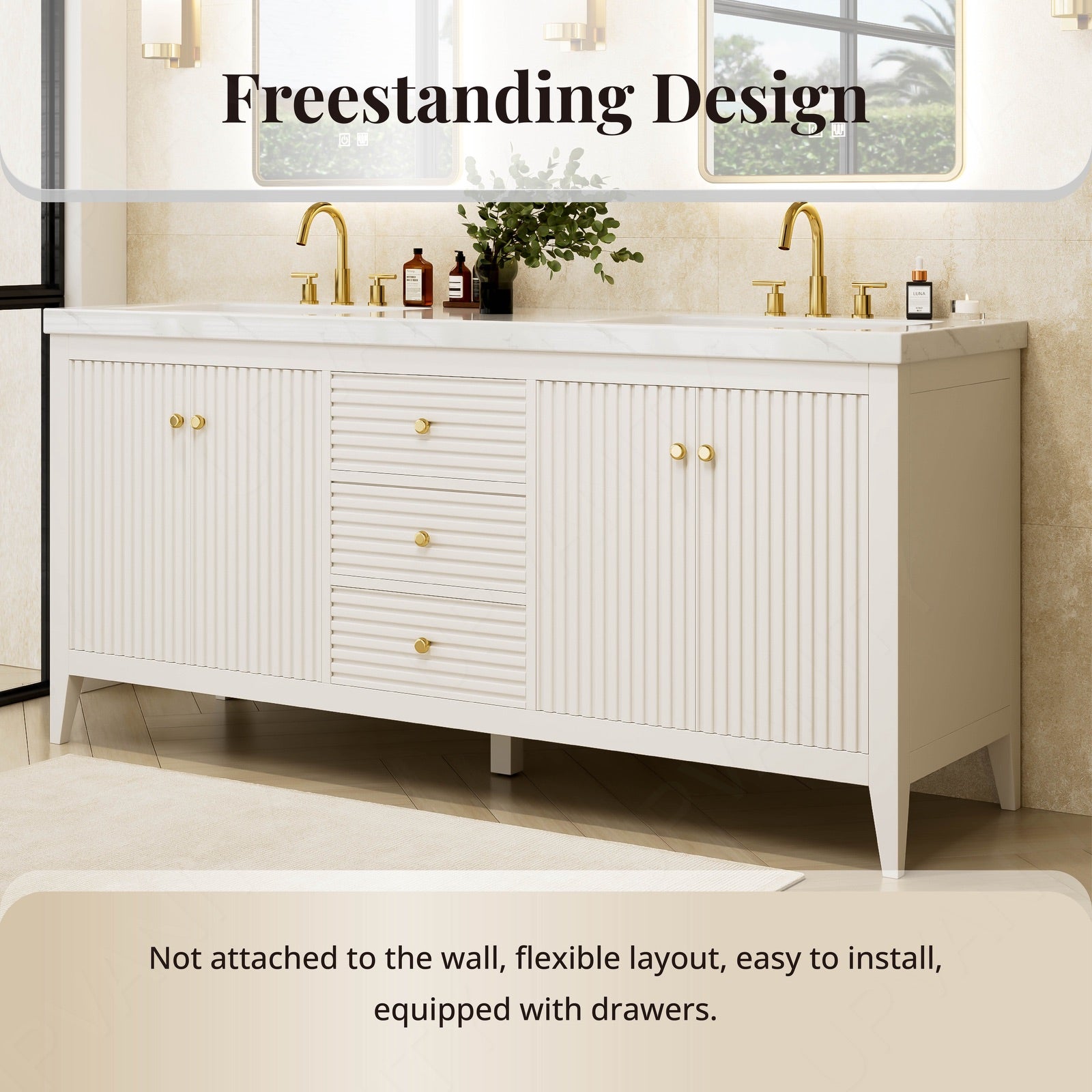 Elegant Bath Vanity Set, White, Gold Accents, 72"-104", Double, Freestanding, Striped Panel, Dual Smart LED Mirror