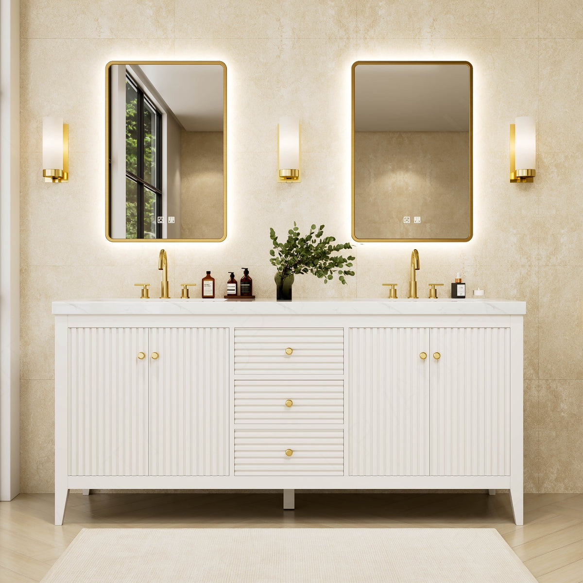 Elegant Bath Vanity Set, White, Gold Accents, 72"-104", Double, Freestanding, Striped Panel, Dual Smart LED Mirror
