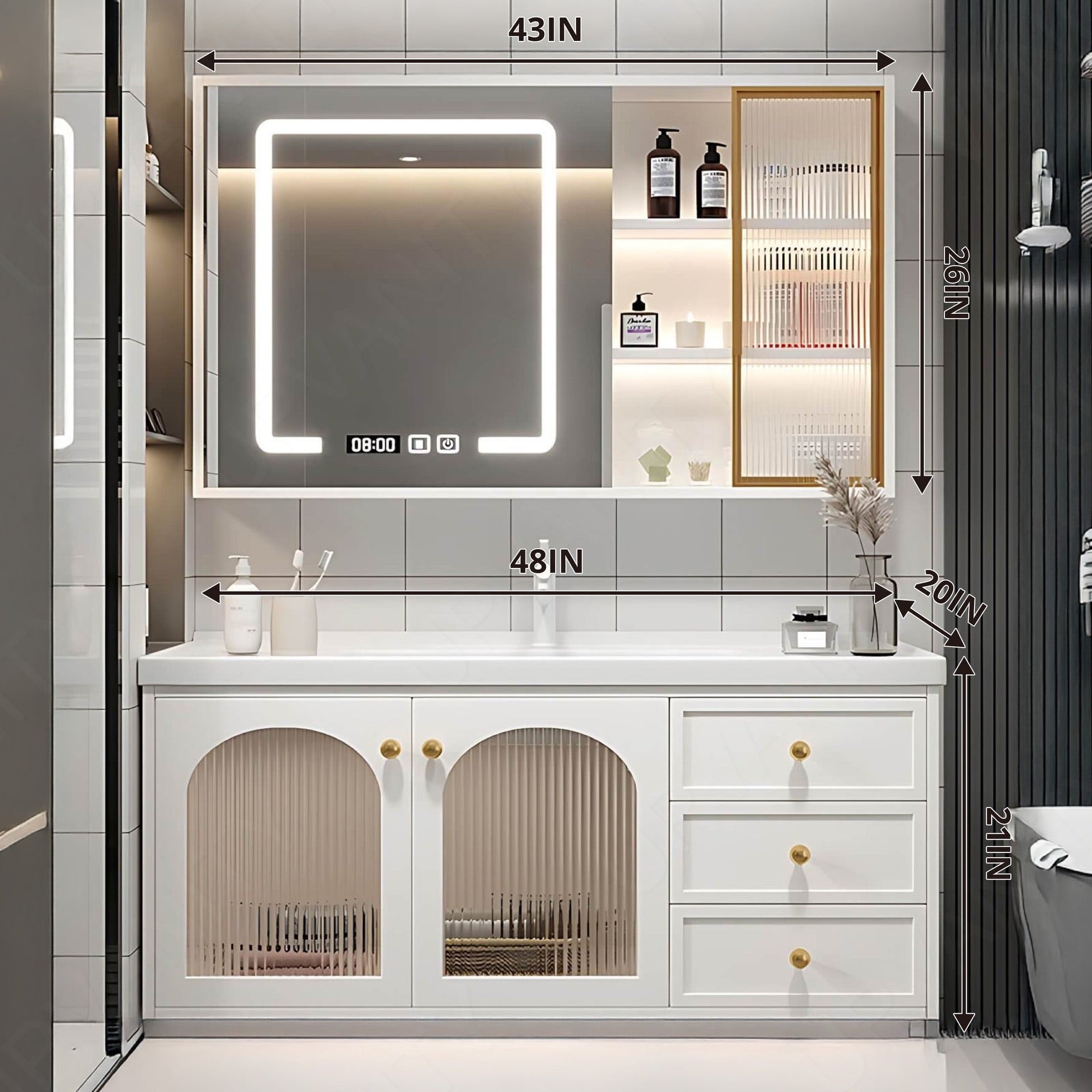 Elegant Bath Vanity Set, White, Gold Accents, Glass Door, 28"- 48", Single, Floating, Smart LED Mirror, Side Cabinet