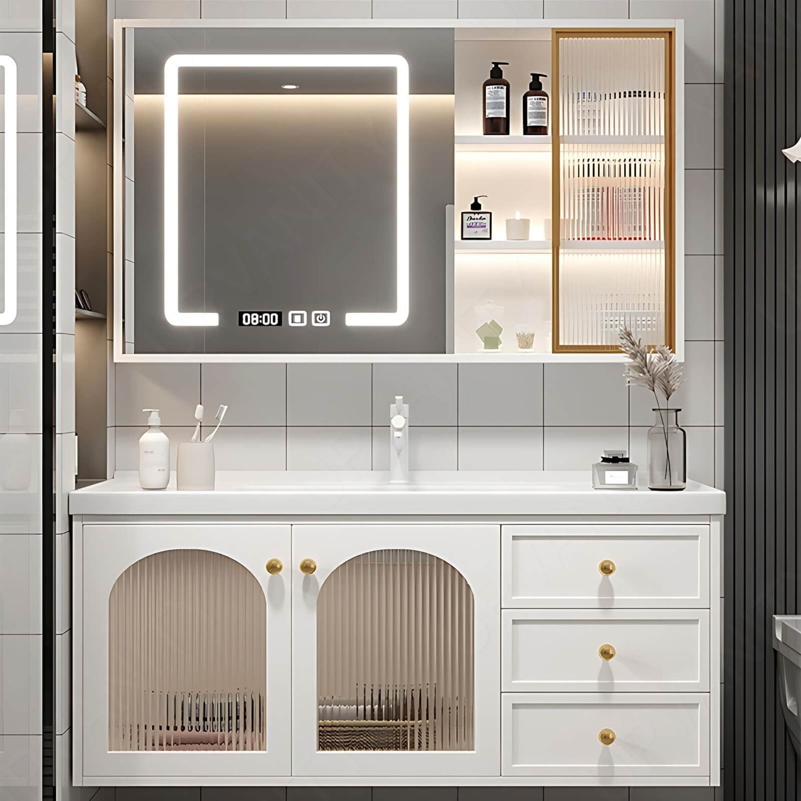 Elegant Bath Vanity Set, White, Gold Accents, Glass Door, 28"- 48", Single, Floating, Smart LED Mirror, Side Cabinet