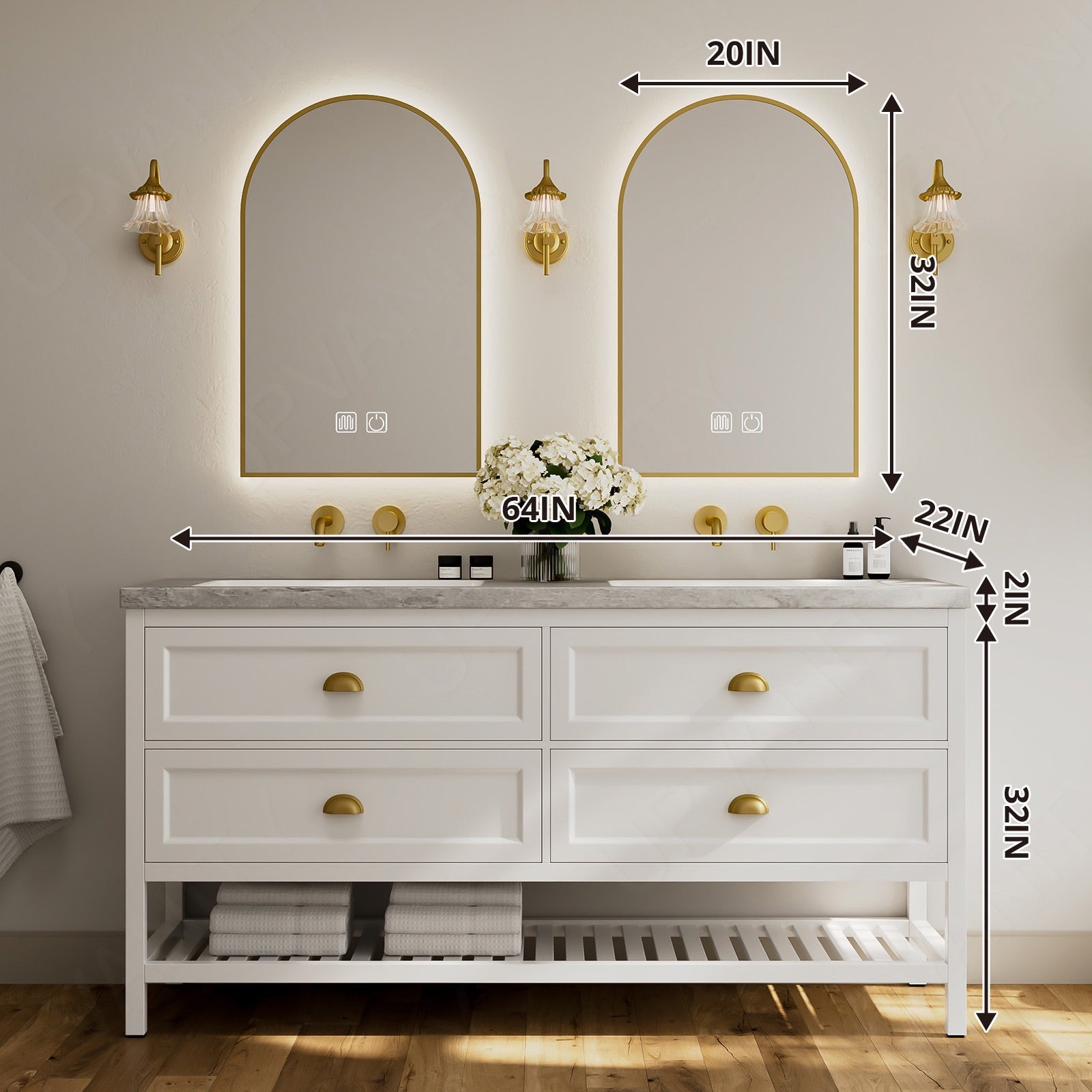 Elegant Bath Vanity Set, White, Gray Slate Top, Gold Accents, 52"-78", Double, Freestanding, Open Storage, Dual Smart LED Mirror