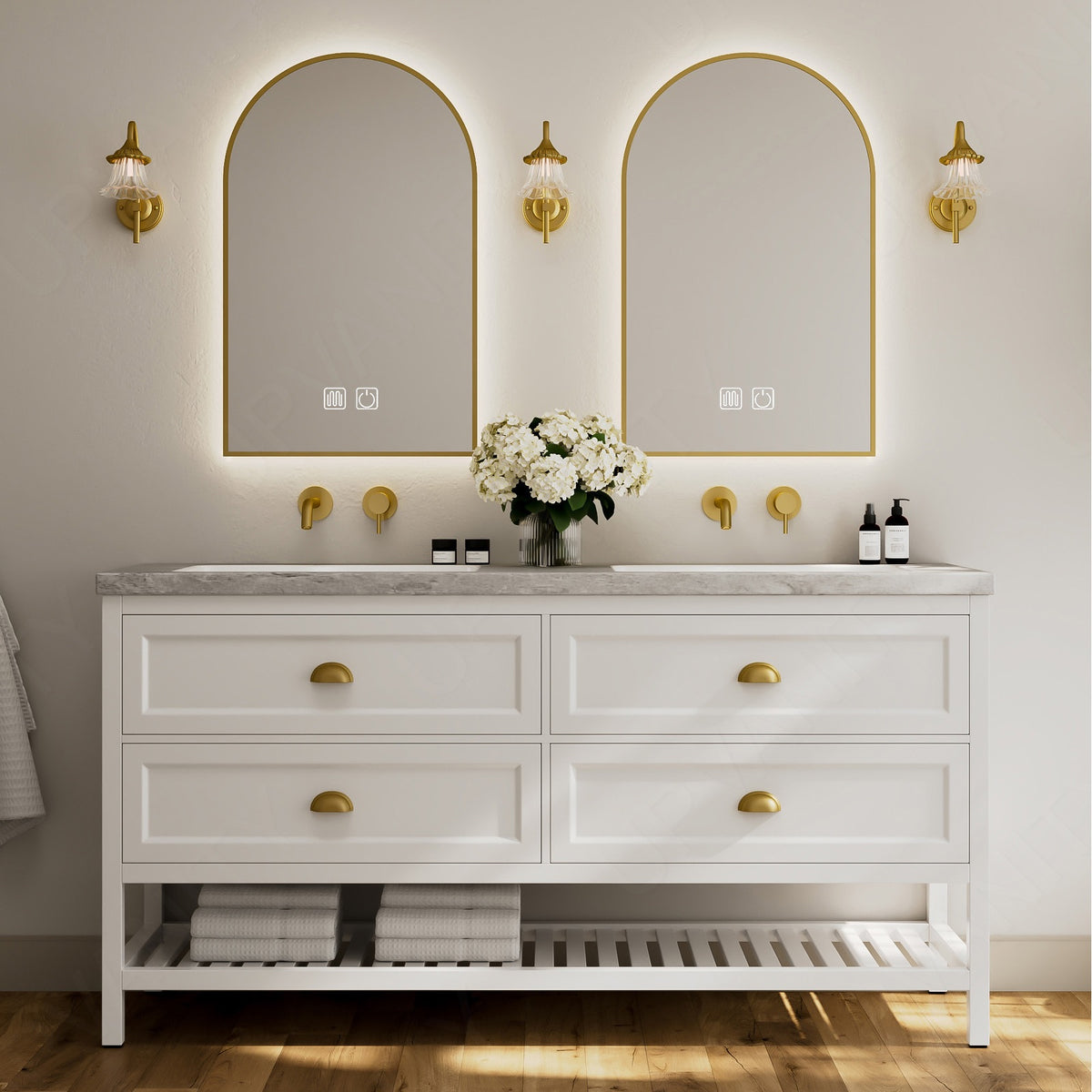 Elegant Bath Vanity Set, White, Gray Slate Top, Gold Accents, 52"-78", Double, Freestanding, Open Storage, Dual Smart LED Mirror