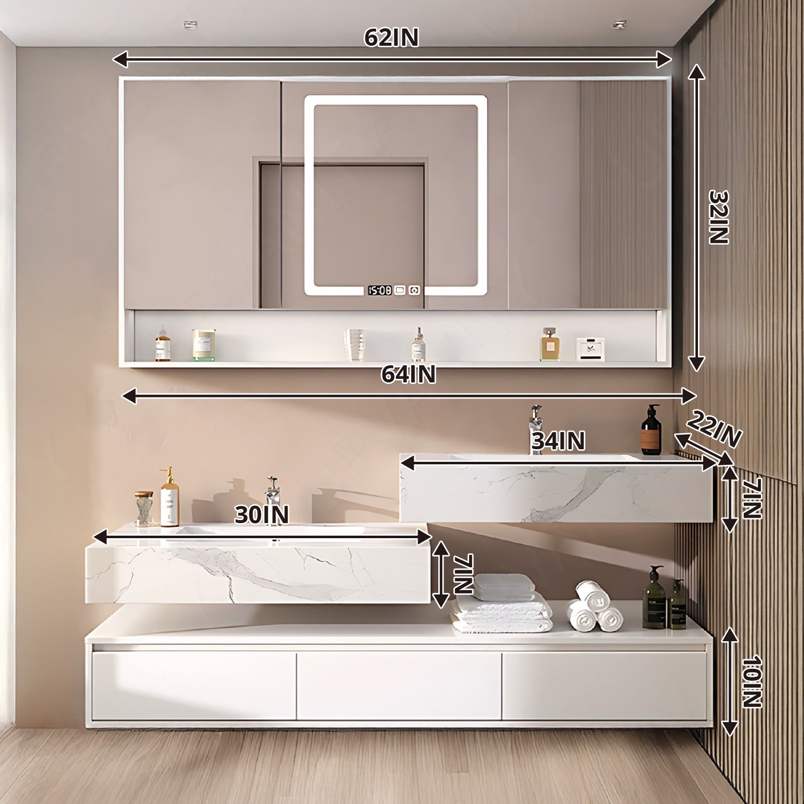 Elegant Bath Vanity Set, White, High-Low Sinks, 56"- 78", Double, Floating, Smart LED Mirror, Rear Cabinet