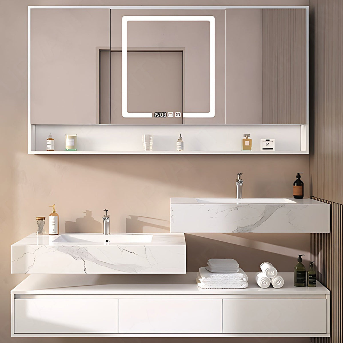 Elegant Bath Vanity Set, White, High-Low Sinks, 56"- 78", Double, Floating, Smart LED Mirror, Rear Cabinet