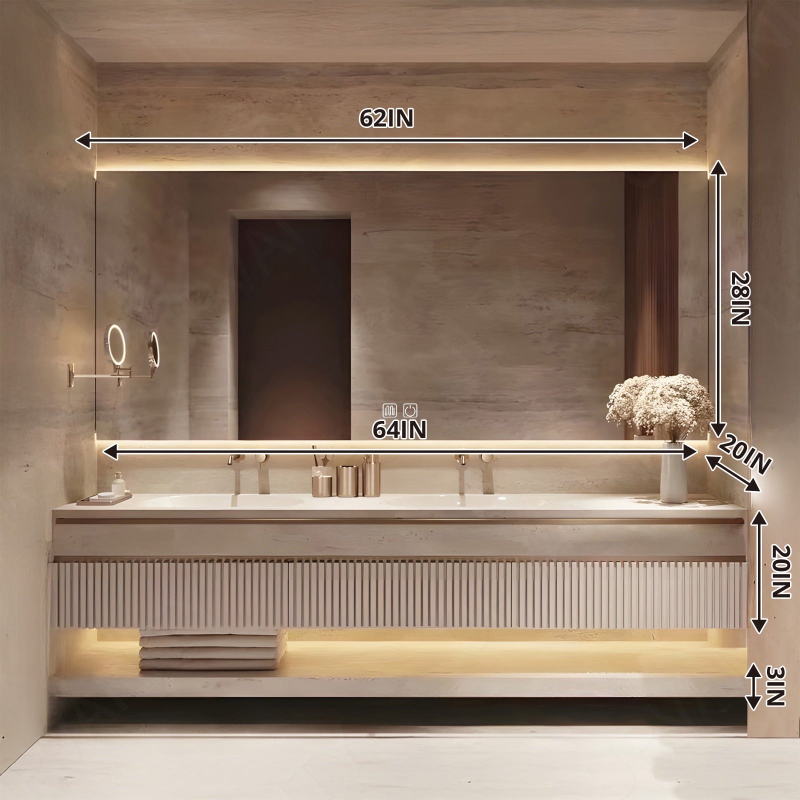 Elegant Bath Vanity Set, White, Joint White Top, 56"- 78", Double, Floating, Striped Panel, Smart LED Mirror