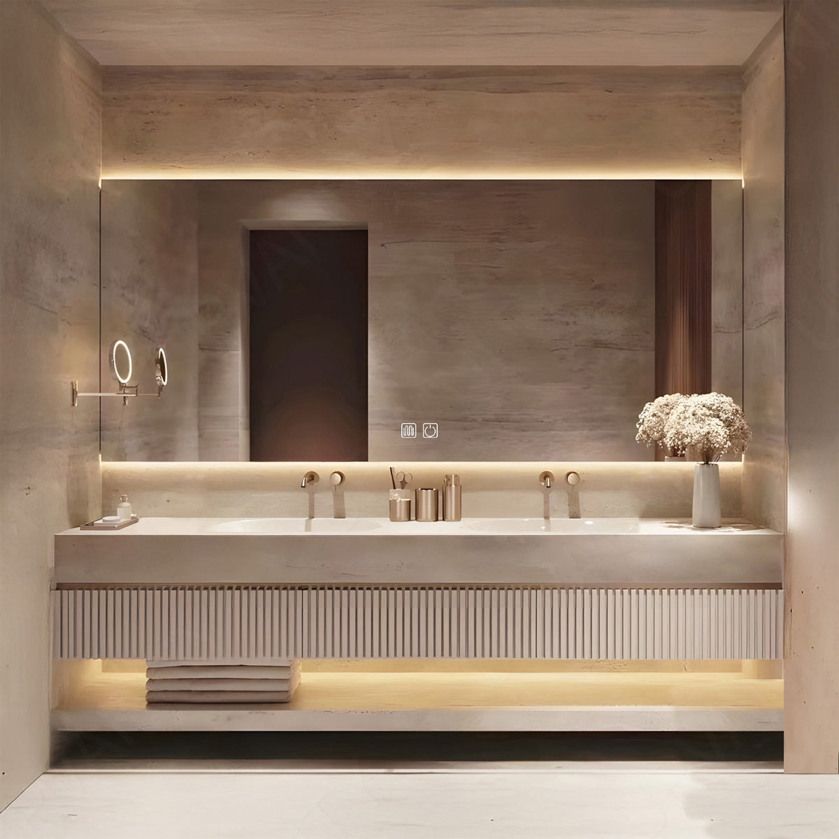 Elegant Bath Vanity Set, White, Joint White Top, 56"- 78", Double, Floating, Striped Panel, Smart LED Mirror