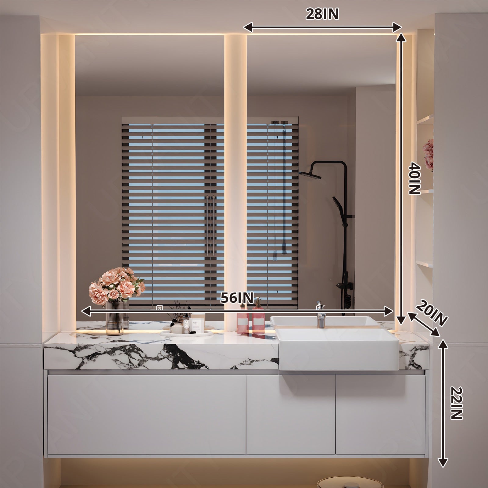 Elegant Bath Vanity Set, White, Marble Textured Top, 52"-72", Single, Floating, Dual Smart LED Mirror