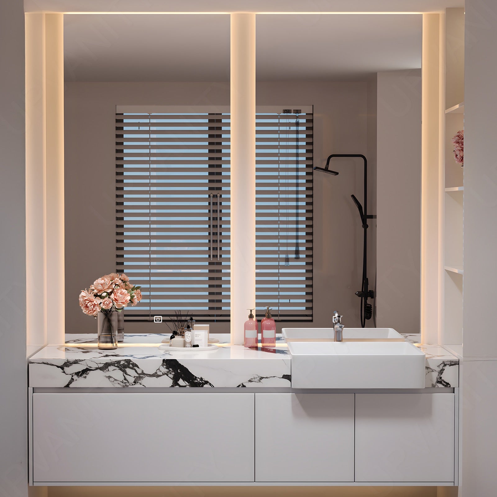 Elegant Bath Vanity Set, White, Marble Textured Top, 52"-72", Single, Floating, Dual Smart LED Mirror