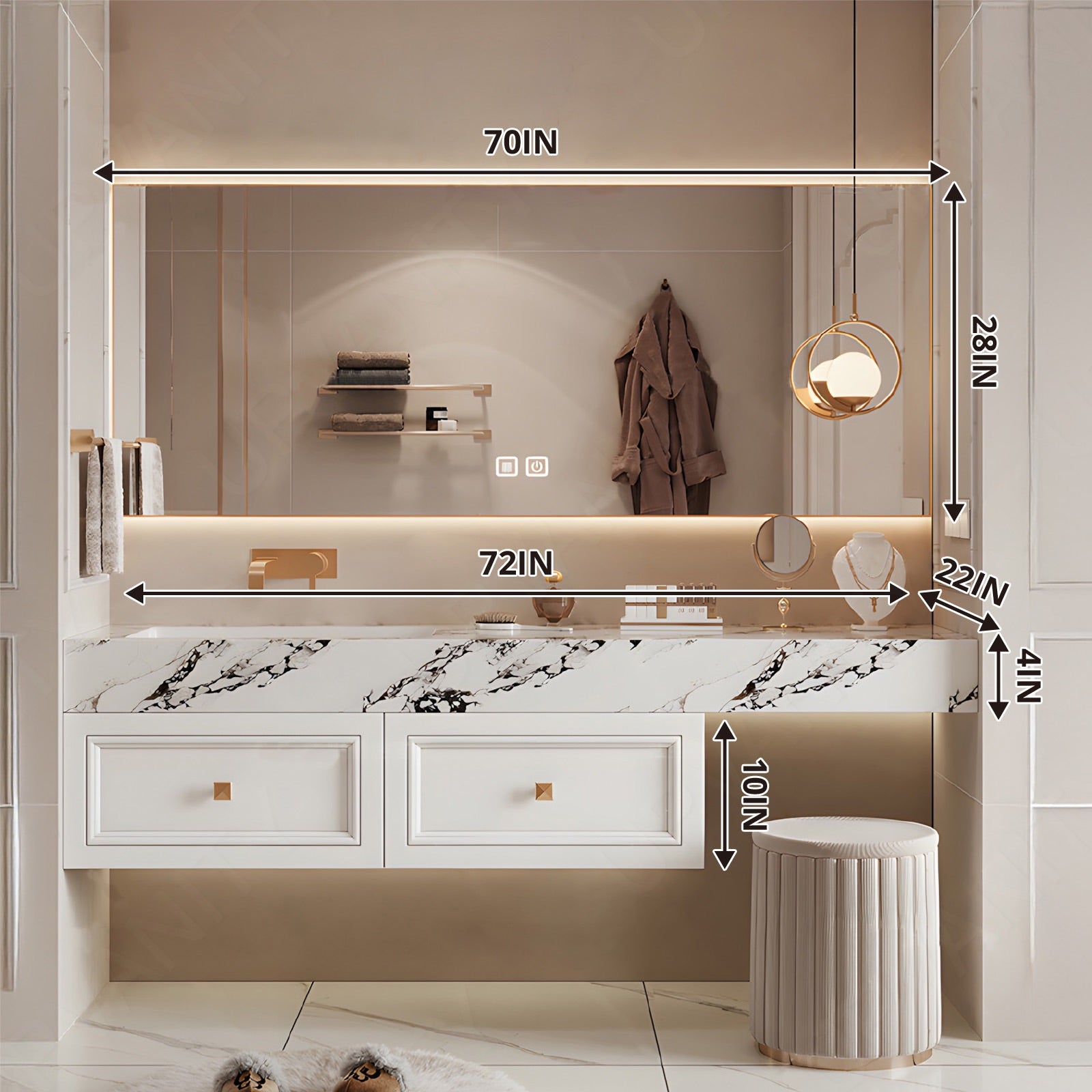 Elegant Bath Vanity Set, White, Marble Textured Top, 52"-72", Single, Floating, Gold Accents, Smart LED Mirror