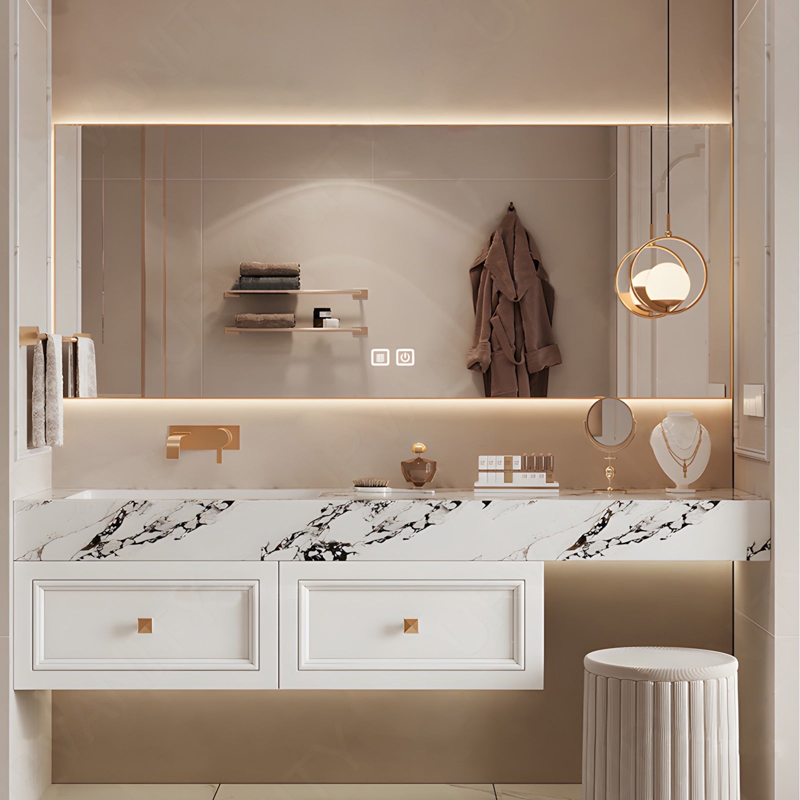 Elegant Bath Vanity Set, White, Marble Textured Top, 52"-72", Single, Floating, Gold Accents, Smart LED Mirror