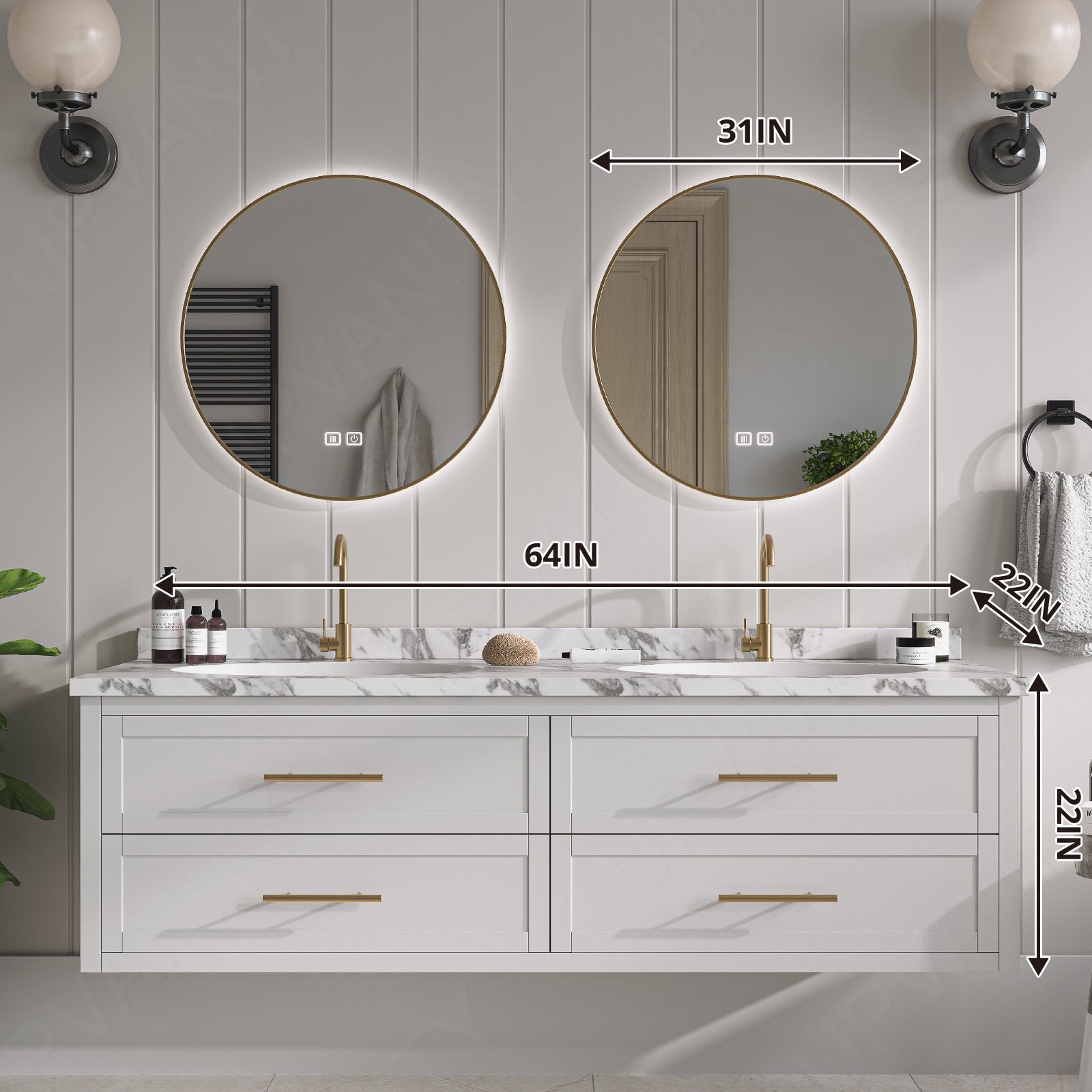 Elegant Bath Vanity Set, White, Marble Textured Top, 52"-78", Double, Floating, Gold Accents, Dual Smart LED Mirror