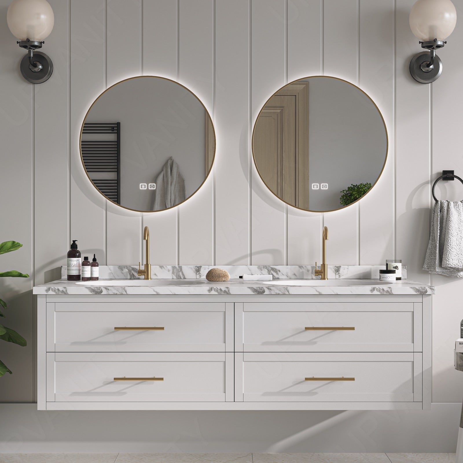 Elegant Bath Vanity Set, White, Marble Textured Top, 52"-78", Double, Floating, Gold Accents, Dual Smart LED Mirror