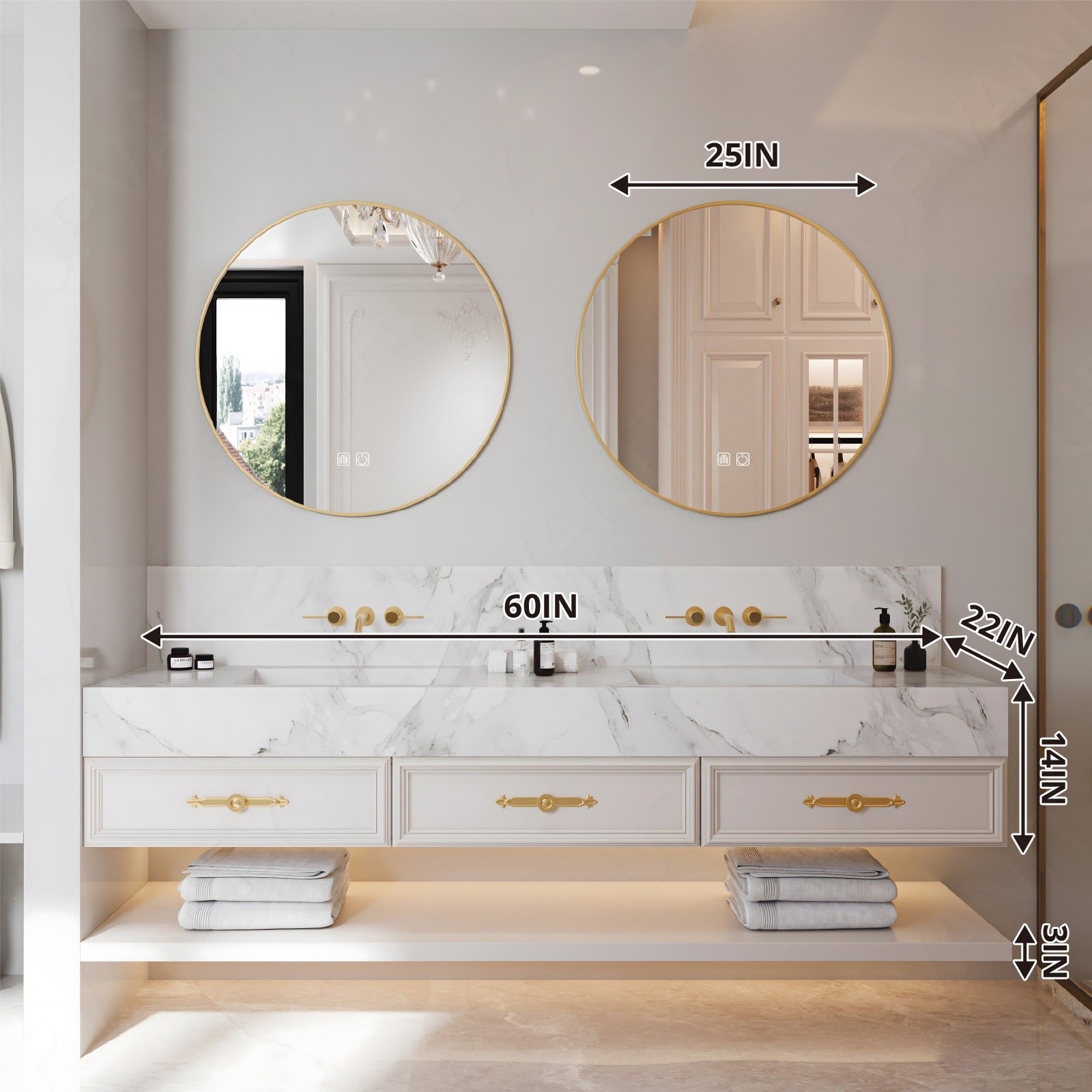 Elegant Bath Vanity Set, White, Marble Textured Top, 56"-78", Double, Floating, Gold Accents, Round Smart LED Mirror