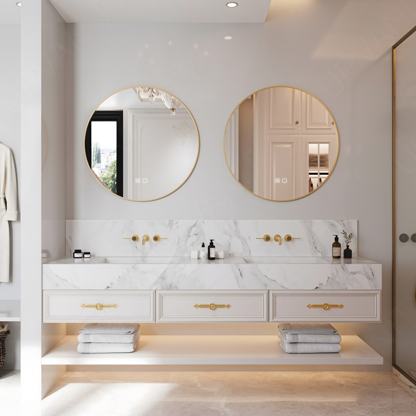 Elegant Bath Vanity Set, White, Marble Textured Top, 56"-78", Double, Floating, Gold Accents, Round Smart LED Mirror