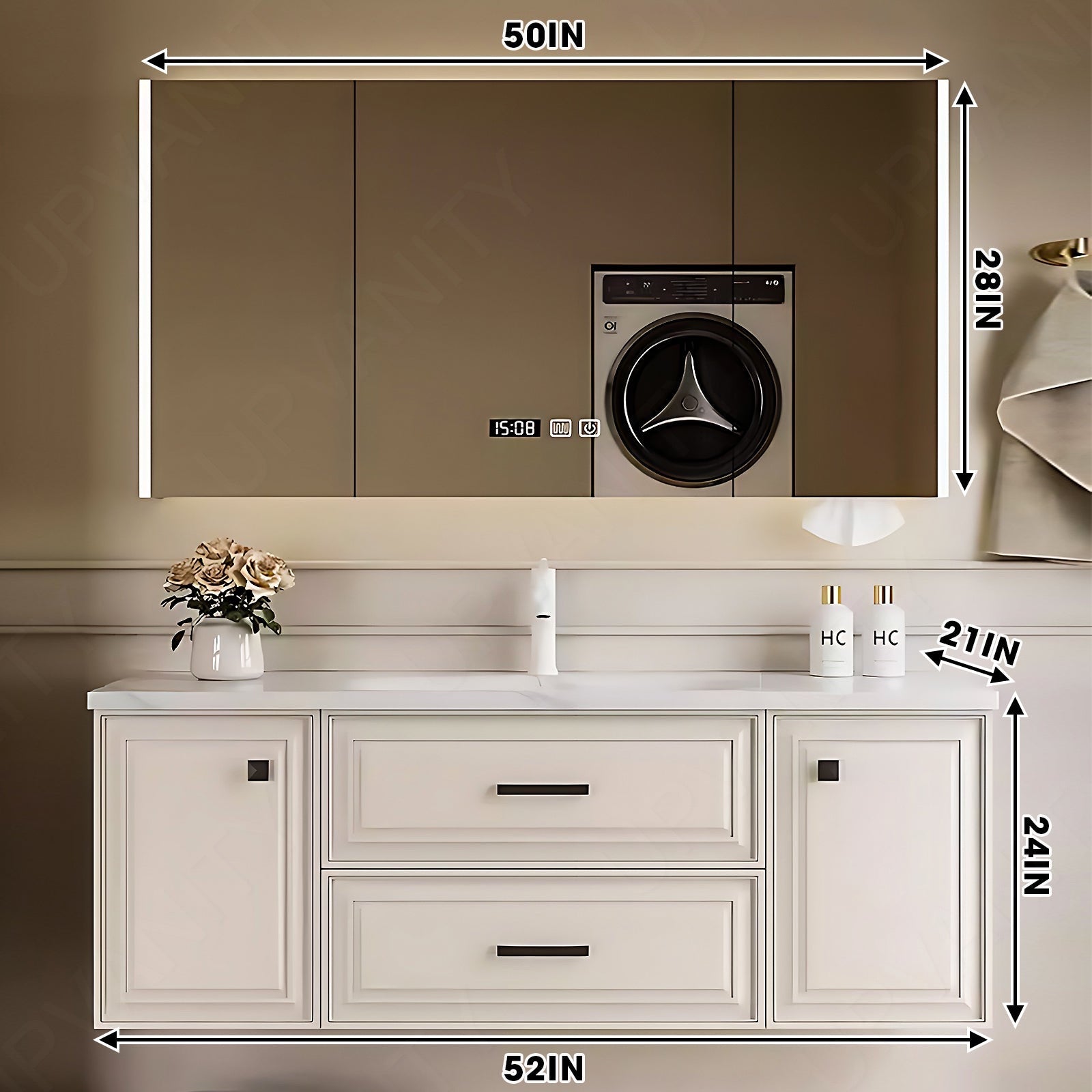 Elegant Bath Vanity Set, White, Metal Accents, 40"- 72", Single, Floating, Smart LED Mirror, Rear Cabinet