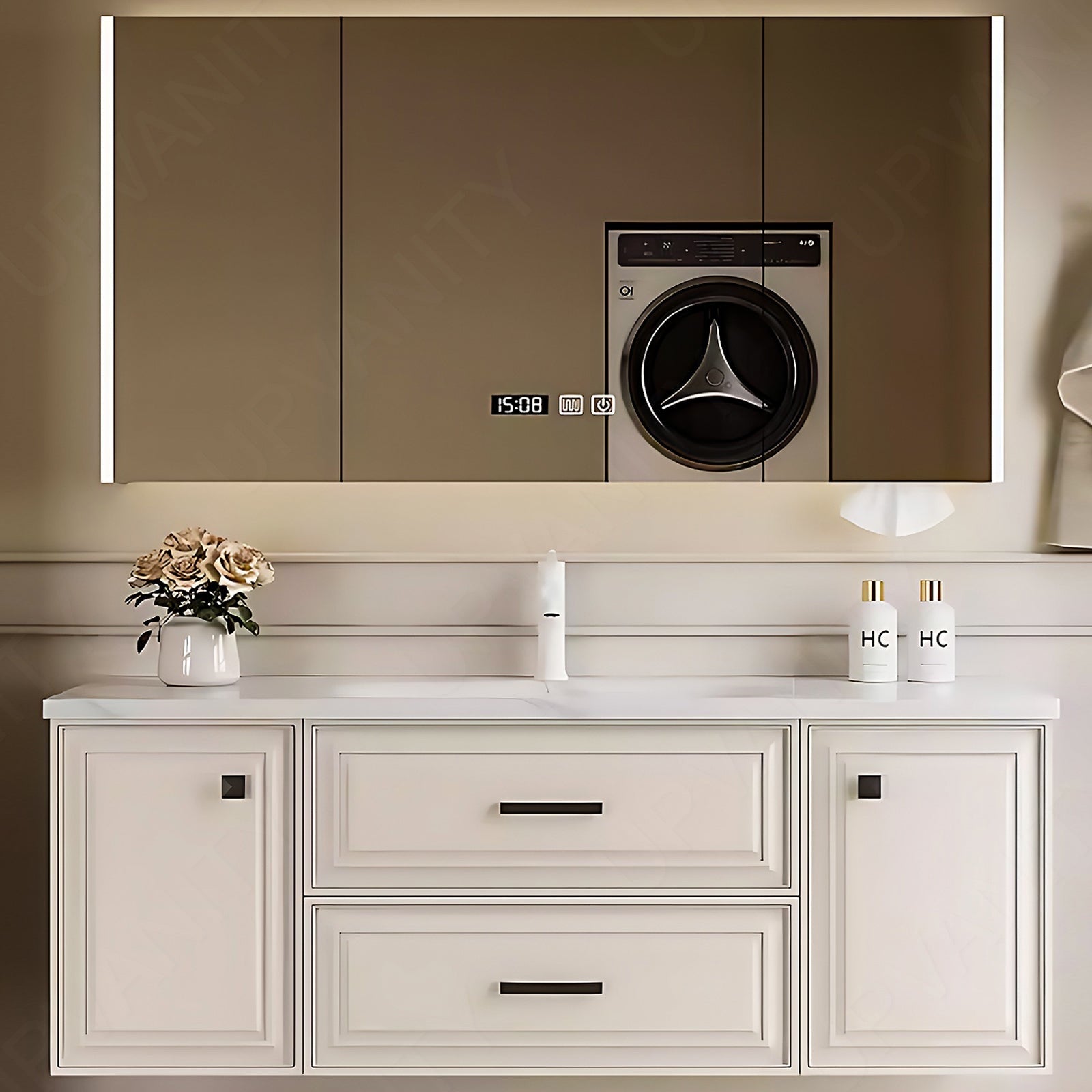 Elegant Bath Vanity Set, White, Metal Accents, 40"- 72", Single, Floating, Smart LED Mirror, Rear Cabinet