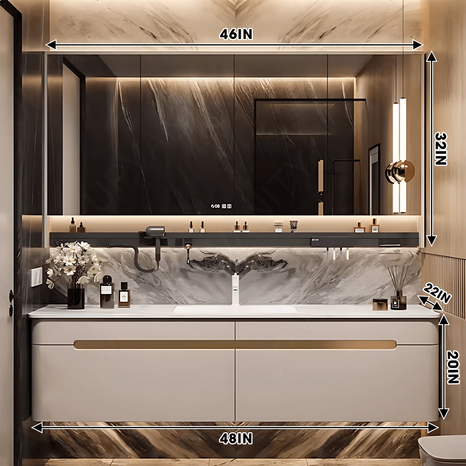 Elegant Bath Vanity Set, White, Rounded Edge, 32"- 56", Single, Floating, Smart LED Mirror, Rear Cabinet, Storage Rack