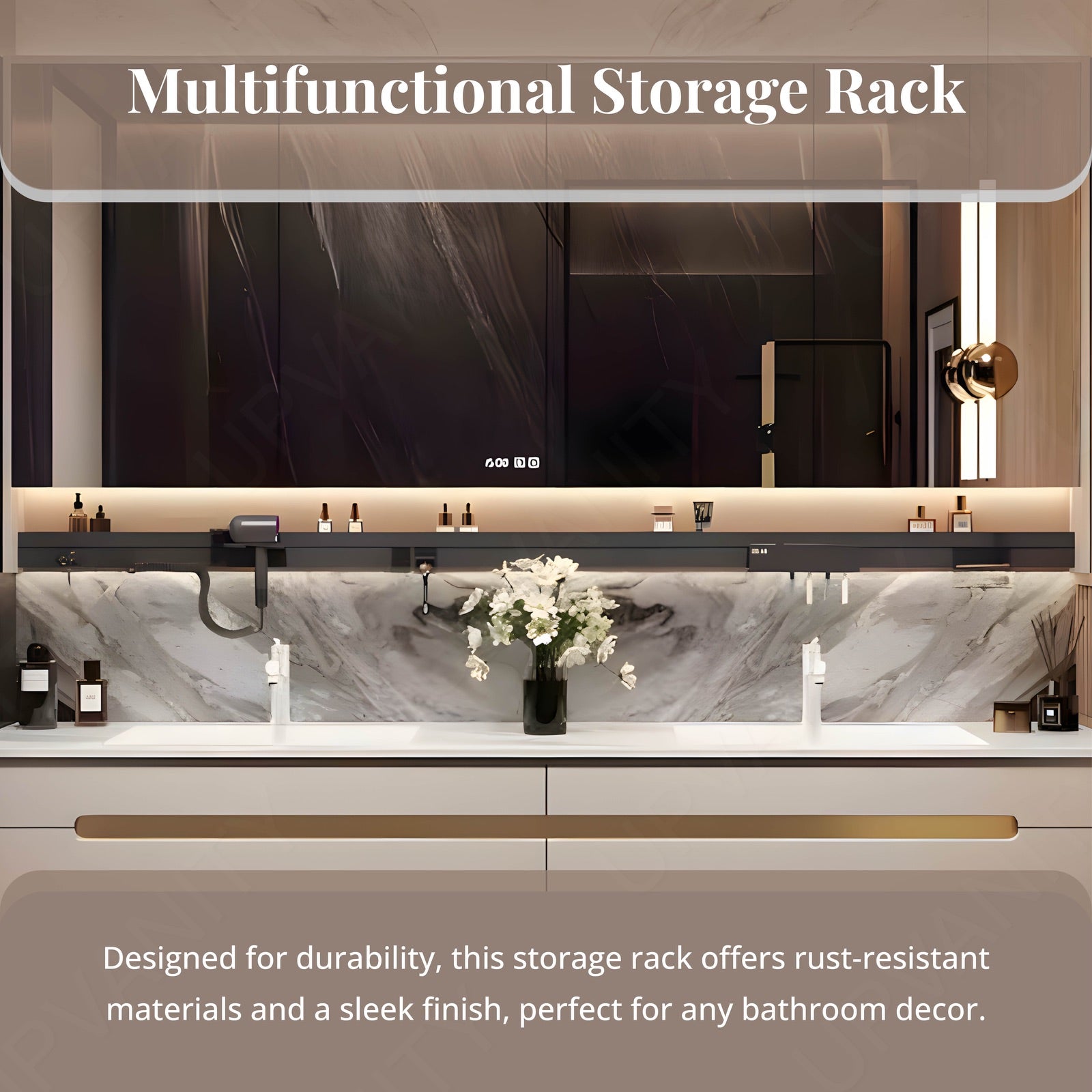 Elegant Bath Vanity Set, White, Rounded Edge, 32"- 56", Single, Floating, Smart LED Mirror, Rear Cabinet, Storage Rack