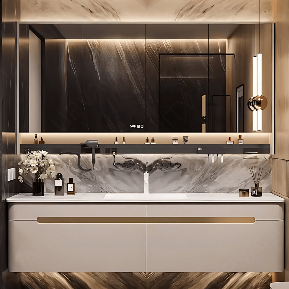 Elegant Bath Vanity Set, White, Rounded Edge, 32"- 56", Single, Floating, Smart LED Mirror, Rear Cabinet, Storage Rack
