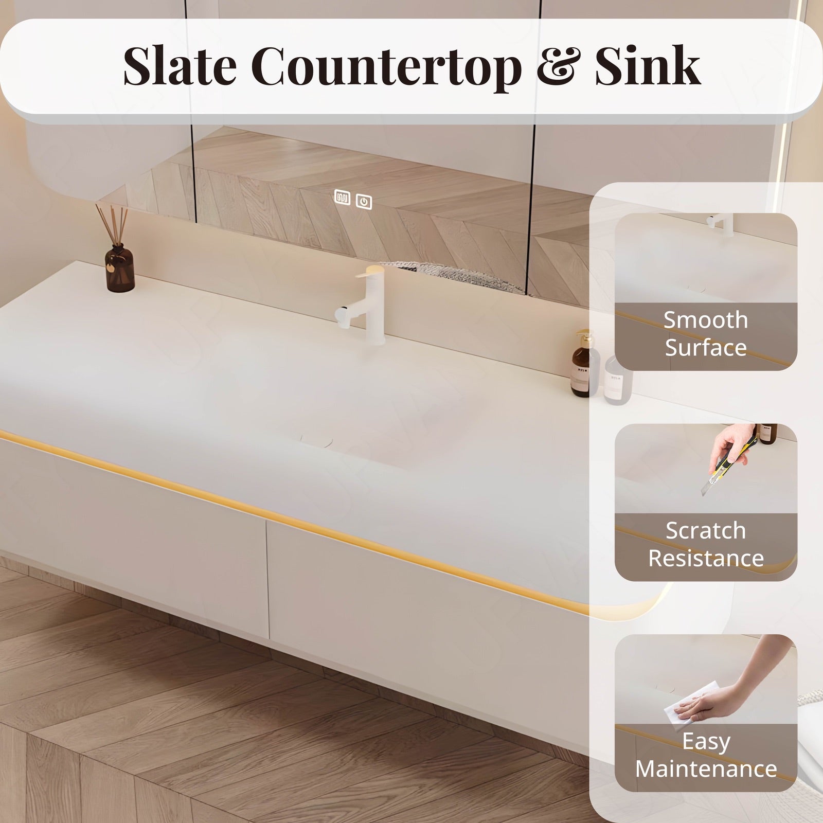 Elegant Bath Vanity Set, White, Rounded Edge, 36"- 60", Single, Floating, Sensor Light, Smart LED Mirror