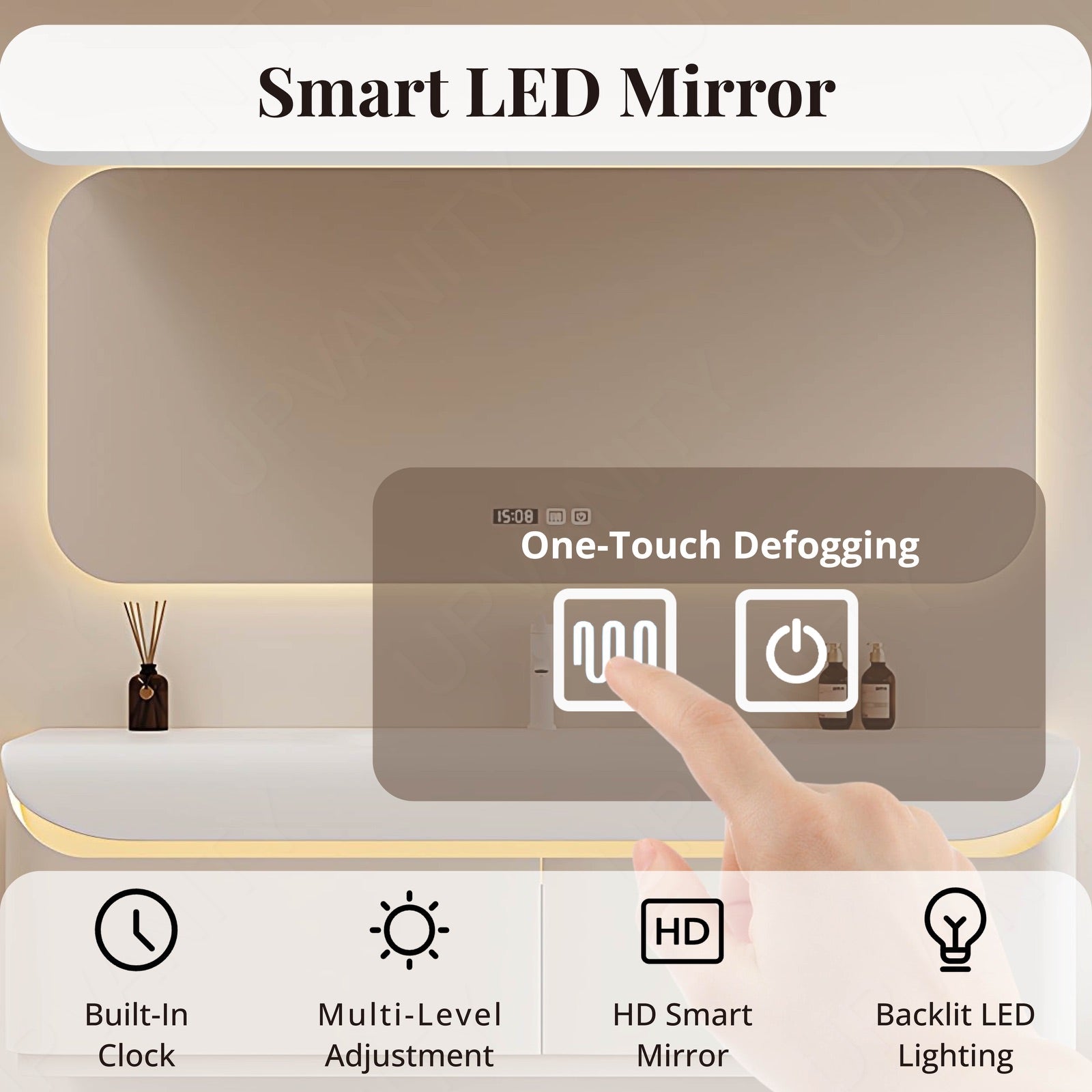 Elegant Bath Vanity Set, White, Rounded Edge, 36"- 60", Single, Floating, Sensor Light, Smart LED Mirror