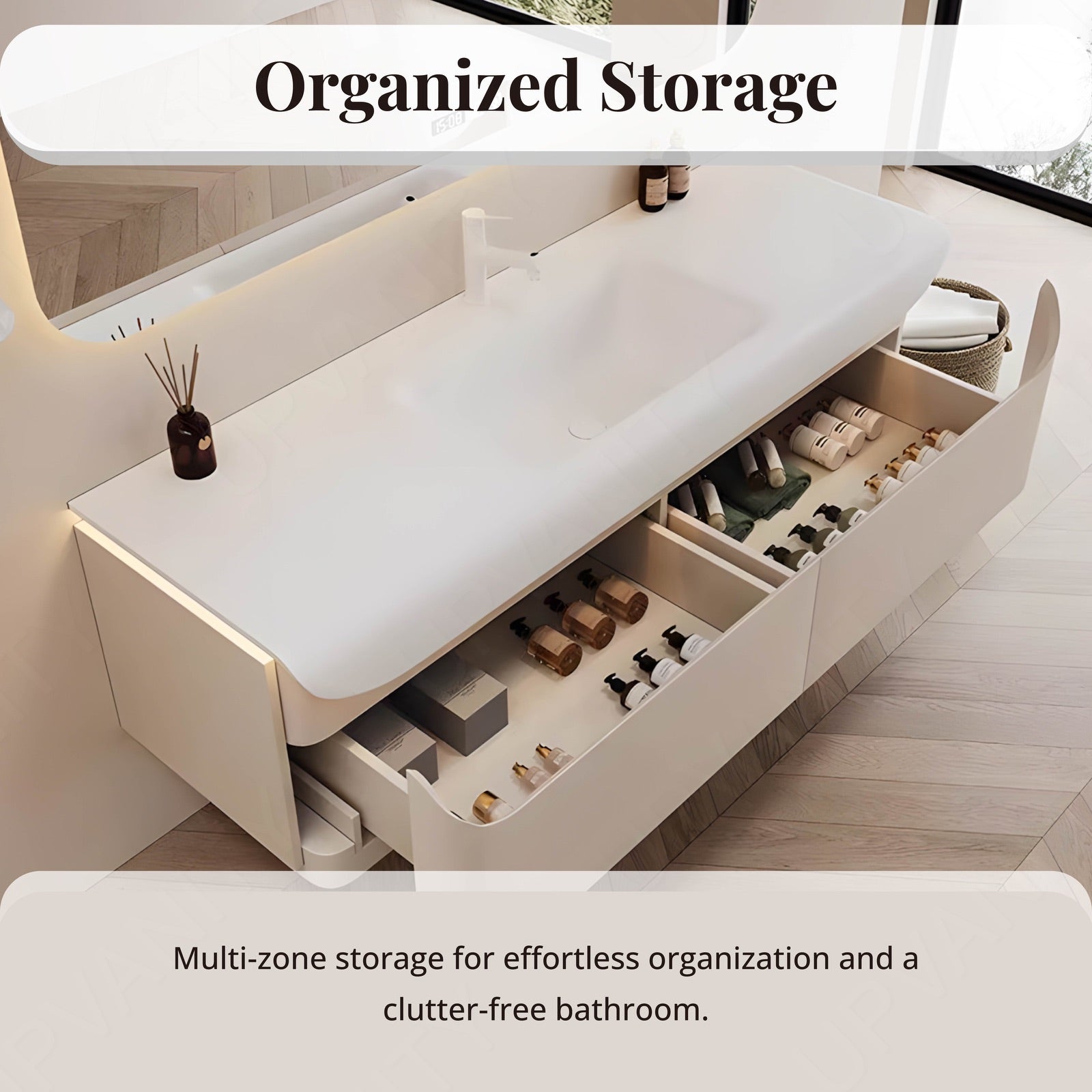 Elegant Bath Vanity Set, White, Rounded Edge, 36"- 60", Single, Floating, Sensor Light, Smart LED Mirror