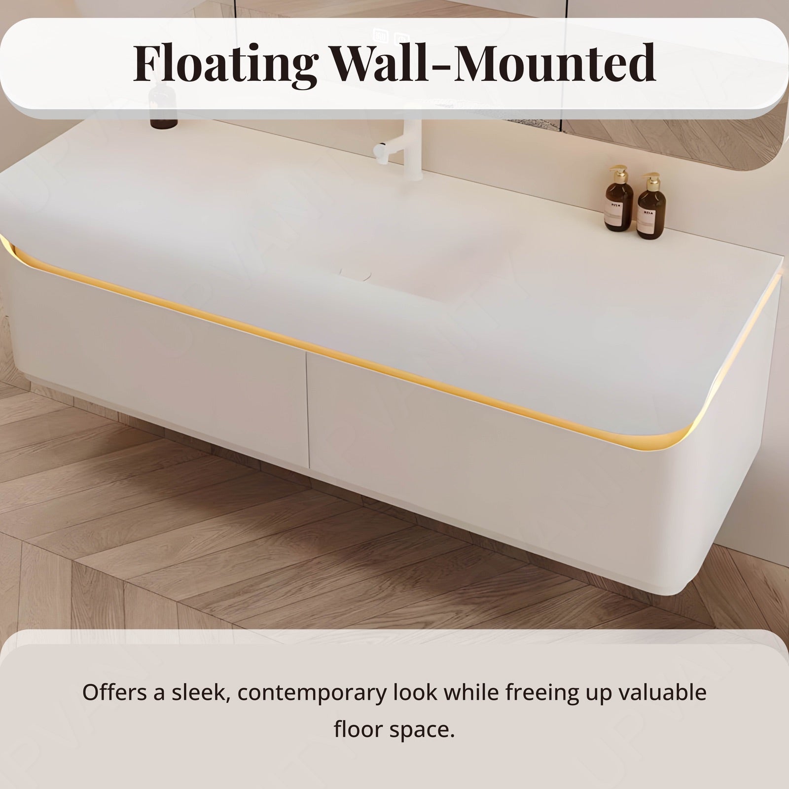 Elegant Bath Vanity Set, White, Rounded Edge, 36"- 60", Single, Floating, Sensor Light, Smart LED Mirror