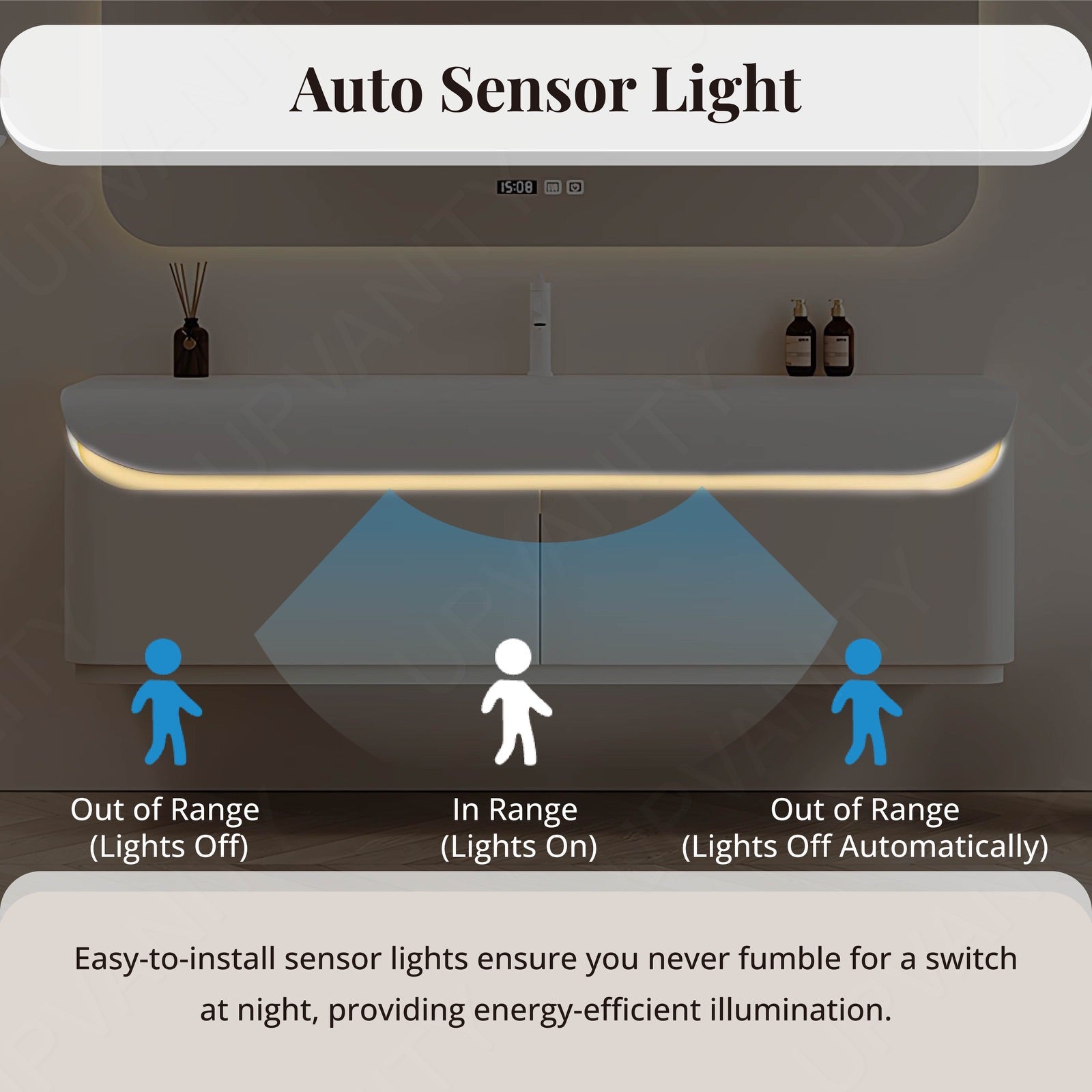 Elegant Bath Vanity Set, White, Rounded Edge, 36"- 60", Single, Floating, Sensor Light, Smart LED Mirror