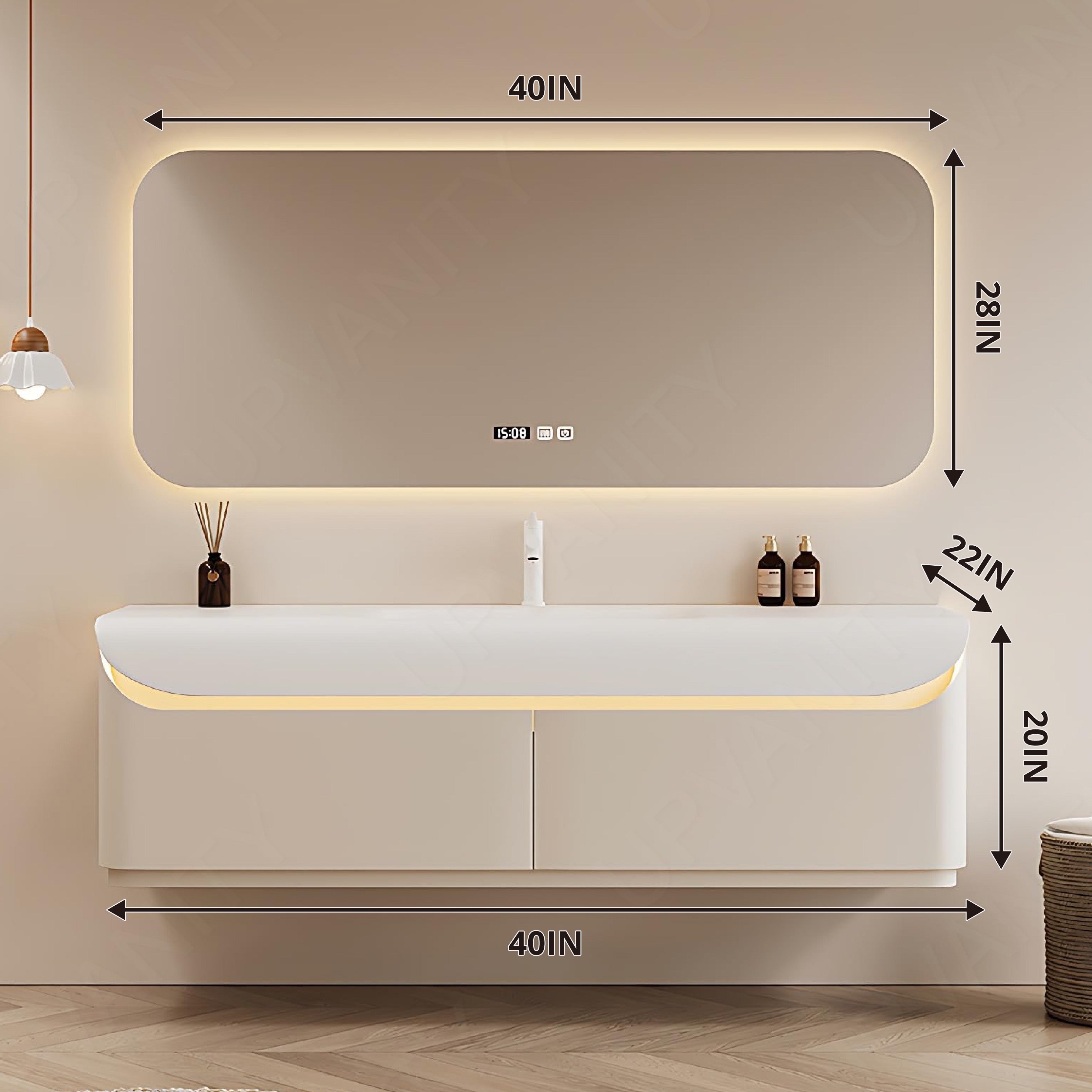 Elegant Bath Vanity Set, White, Rounded Edge, 36"- 60", Single, Floating, Sensor Light, Smart LED Mirror