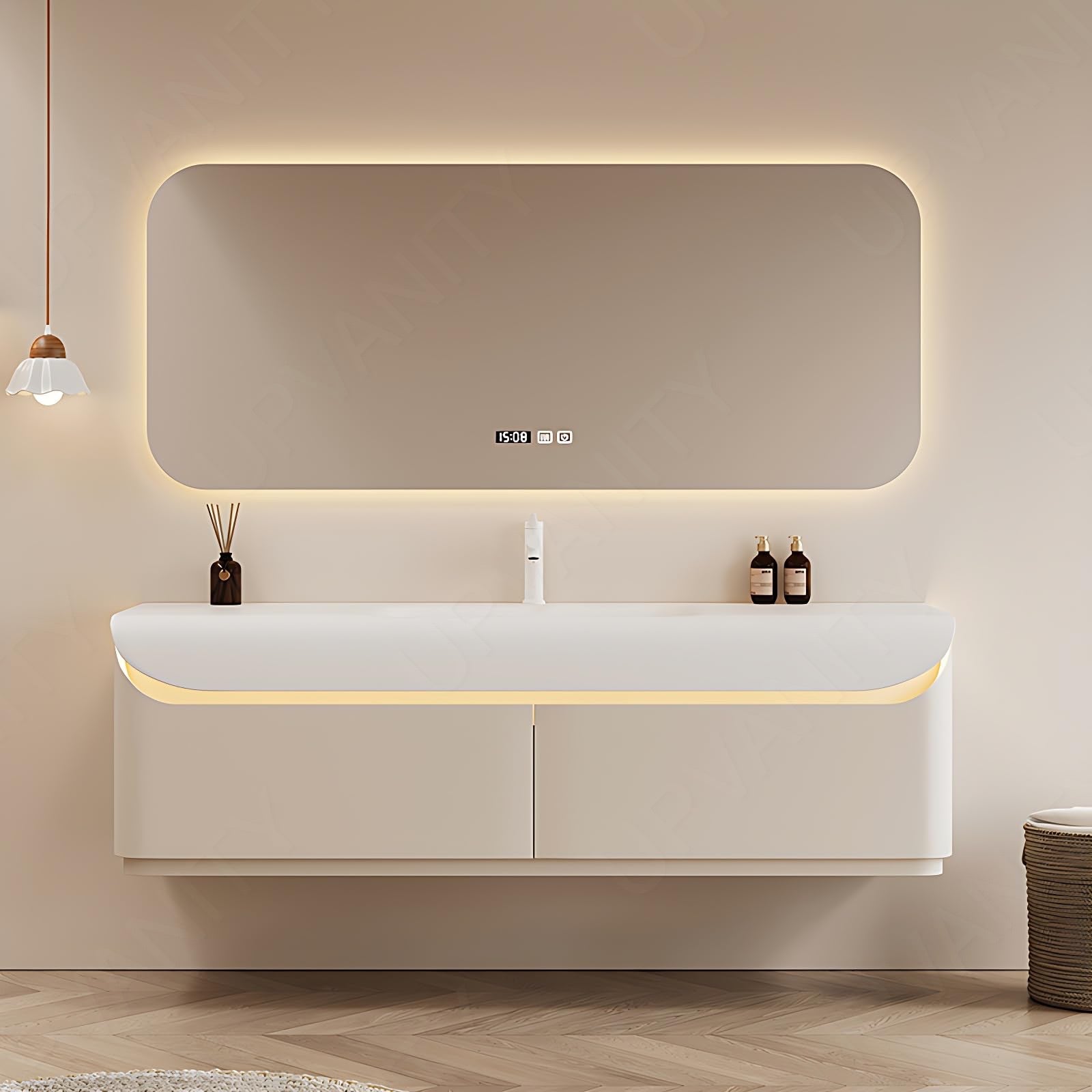 Elegant Bath Vanity Set, White, Rounded Edge, 36"- 60", Single, Floating, Sensor Light, Smart LED Mirror
