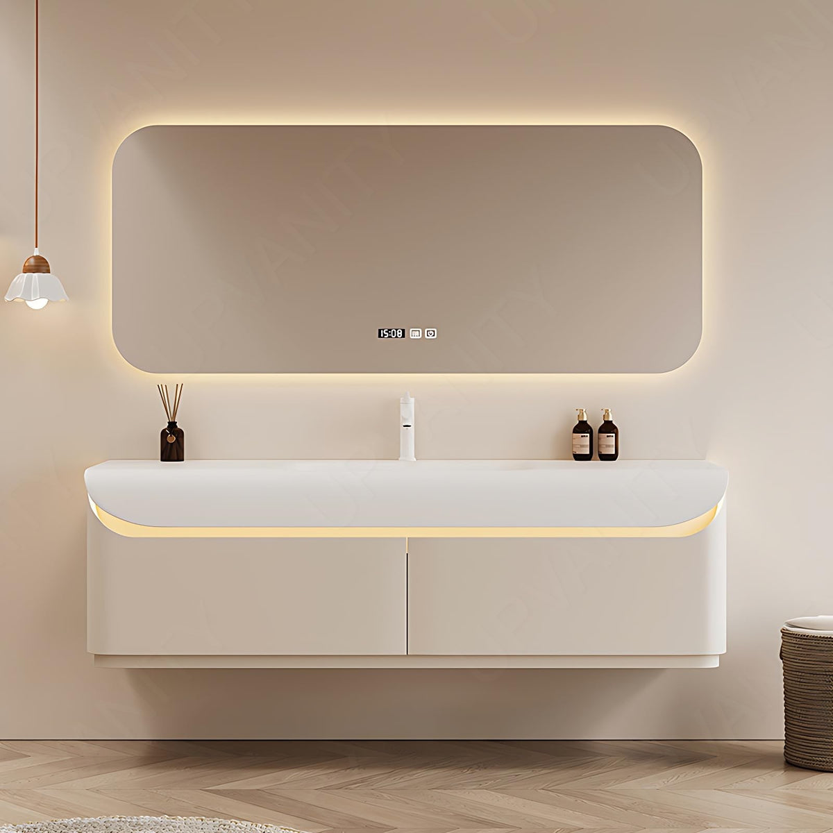 Elegant Bath Vanity Set, White, Rounded Edge, 36"- 60", Single, Floating, Sensor Light, Smart LED Mirror
