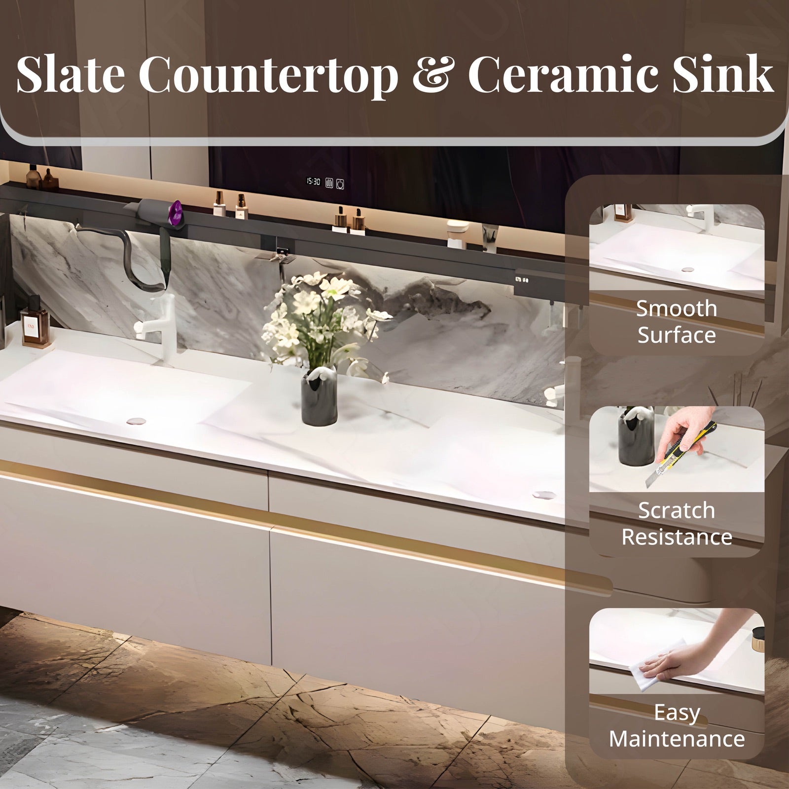Elegant Bath Vanity Set, White, Rounded Edge, 48"- 78", Single, Floating, Smart LED Mirror, Rear Cabinet, Storage Rack