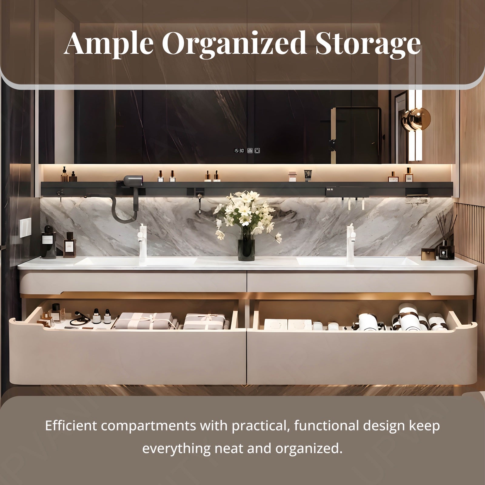 Elegant Bath Vanity Set, White, Rounded Edge, 48"- 78", Single, Floating, Smart LED Mirror, Rear Cabinet, Storage Rack