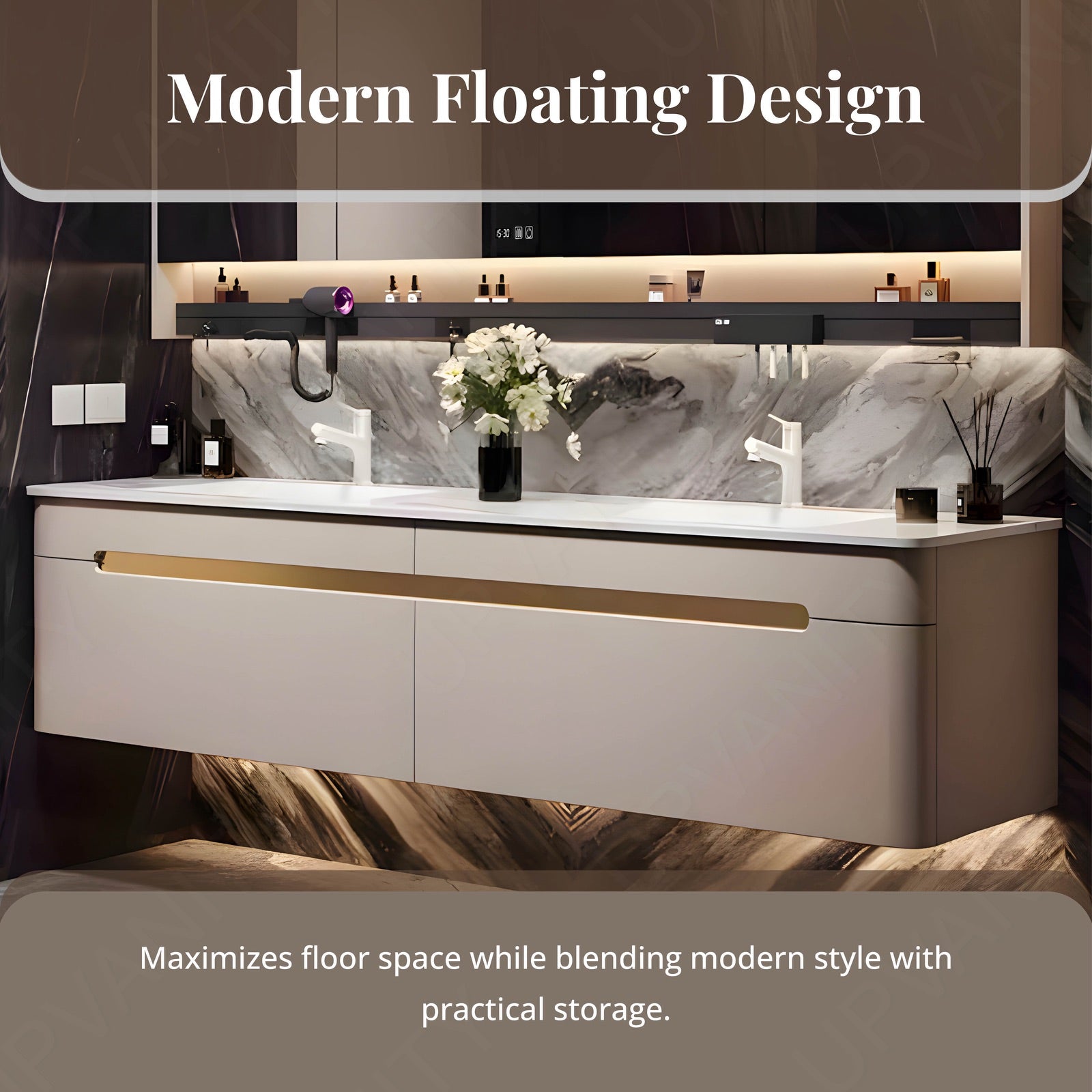 Elegant Bath Vanity Set, White, Rounded Edge, 48"- 78", Single, Floating, Smart LED Mirror, Rear Cabinet, Storage Rack