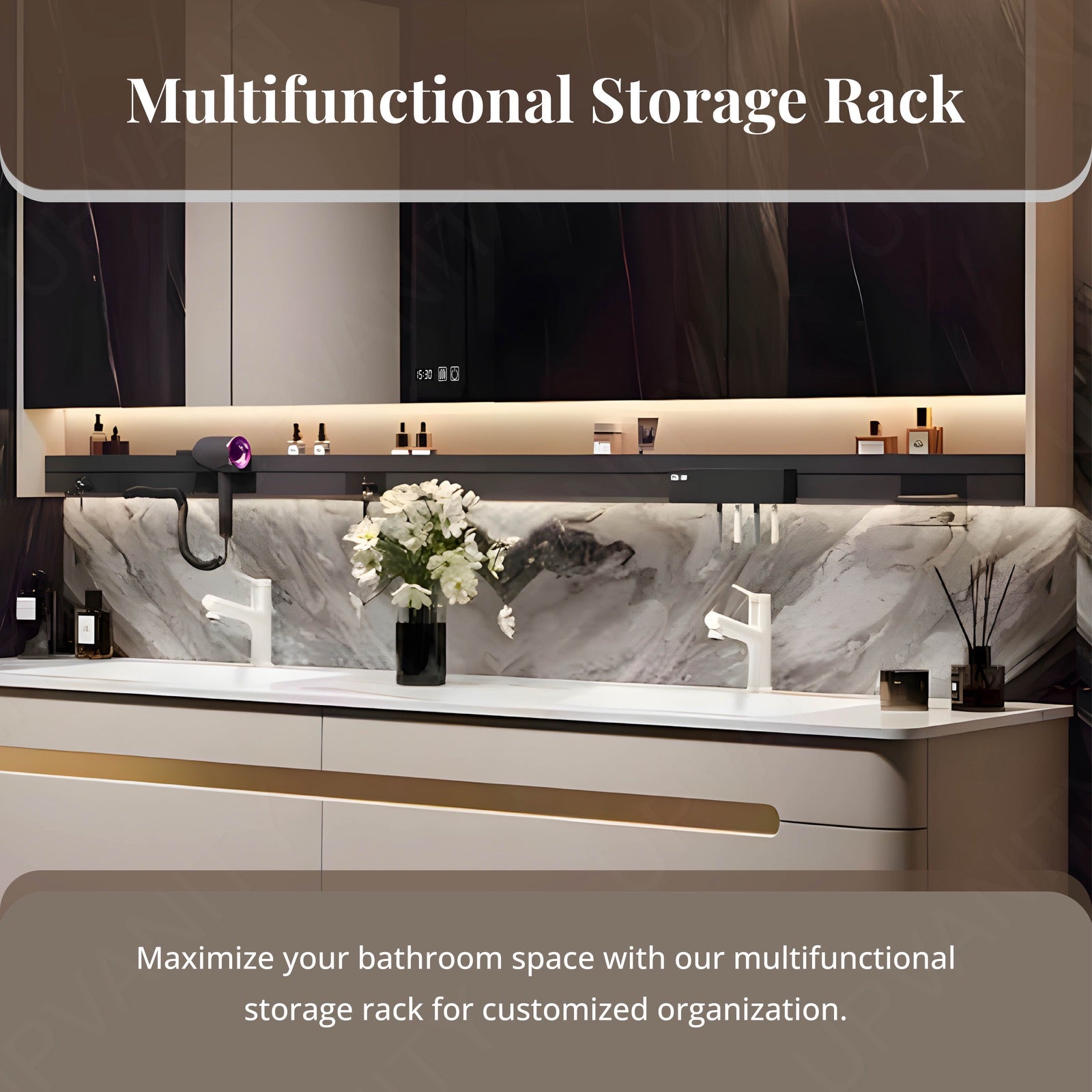 Elegant Bath Vanity Set, White, Rounded Edge, 48"- 78", Single, Floating, Smart LED Mirror, Rear Cabinet, Storage Rack
