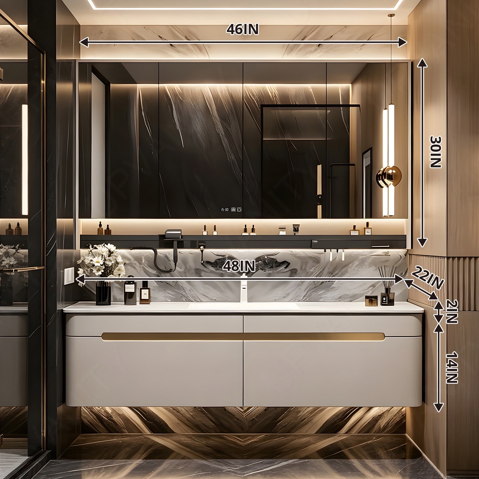 Elegant Bath Vanity Set, White, Rounded Edge, 48"- 78", Single, Floating, Smart LED Mirror, Rear Cabinet, Storage Rack