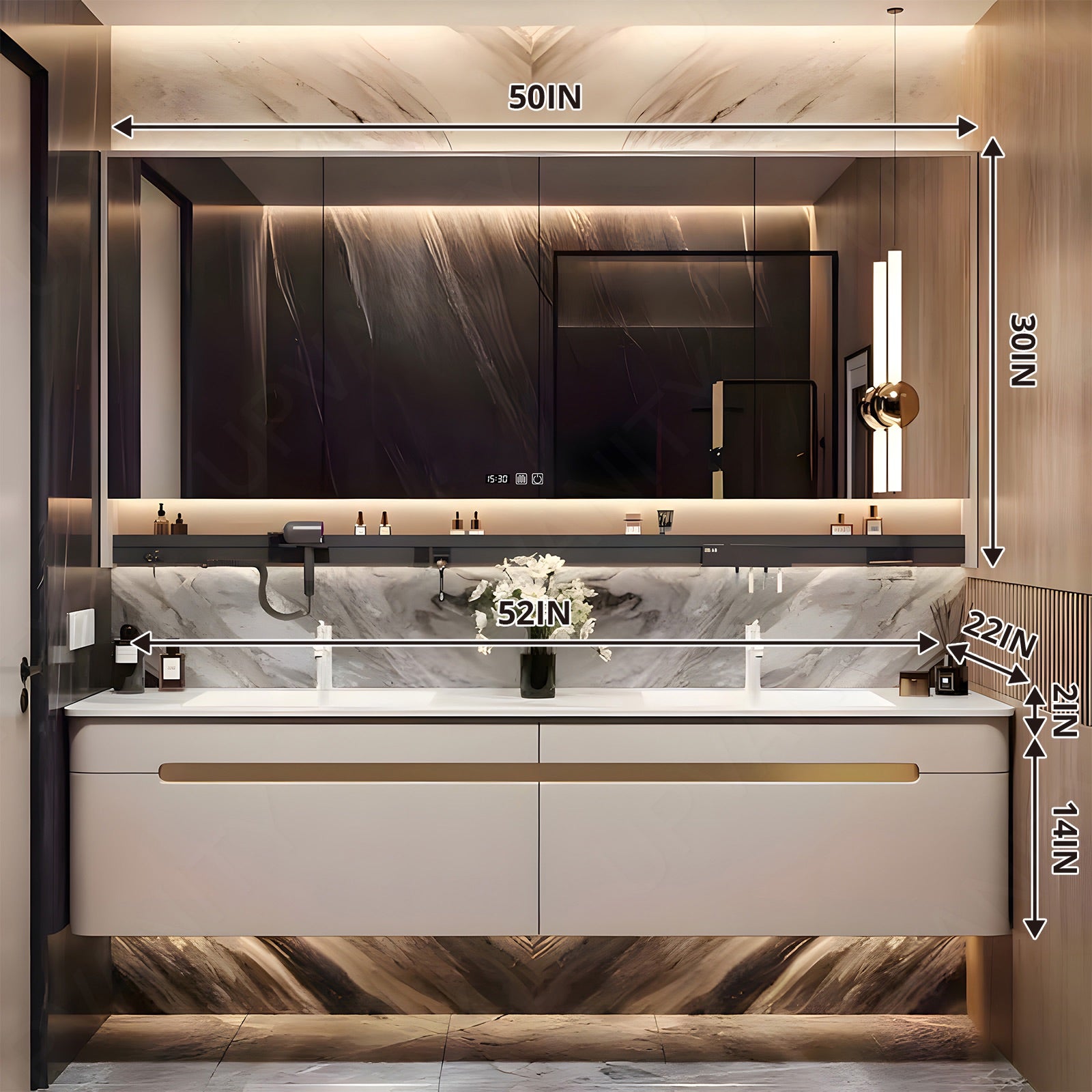 Elegant Bath Vanity Set, White, Rounded Edge, 48"- 78", Single, Floating, Smart LED Mirror, Rear Cabinet, Storage Rack