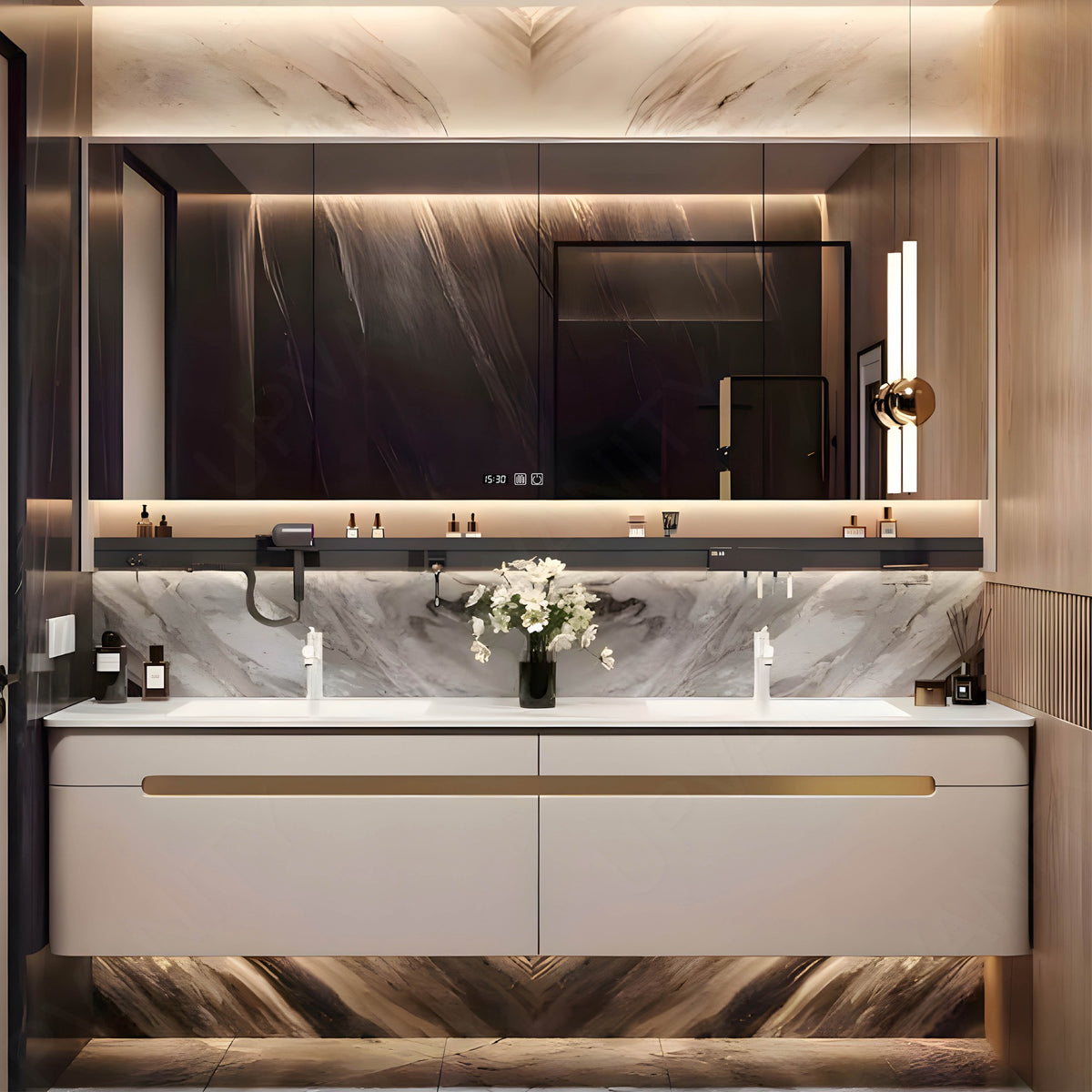 Elegant Bath Vanity Set, White, Rounded Edge, 48"- 78", Single, Floating, Smart LED Mirror, Rear Cabinet, Storage Rack