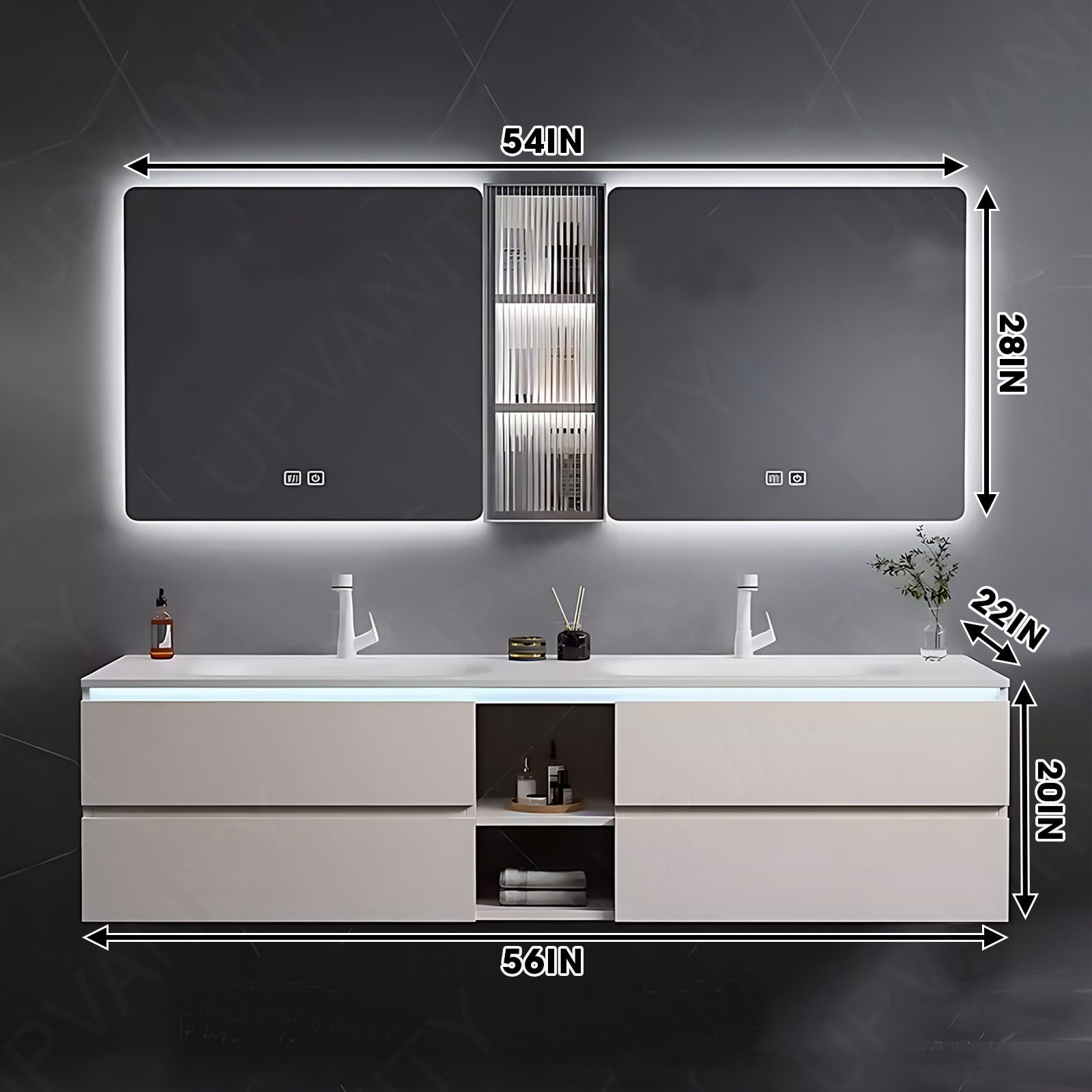 Elegant Bath Vanity Set, White, Sensor Light, 52"- 78", Double, Floating, Dual Smart LED Mirror, Side Cabinet
