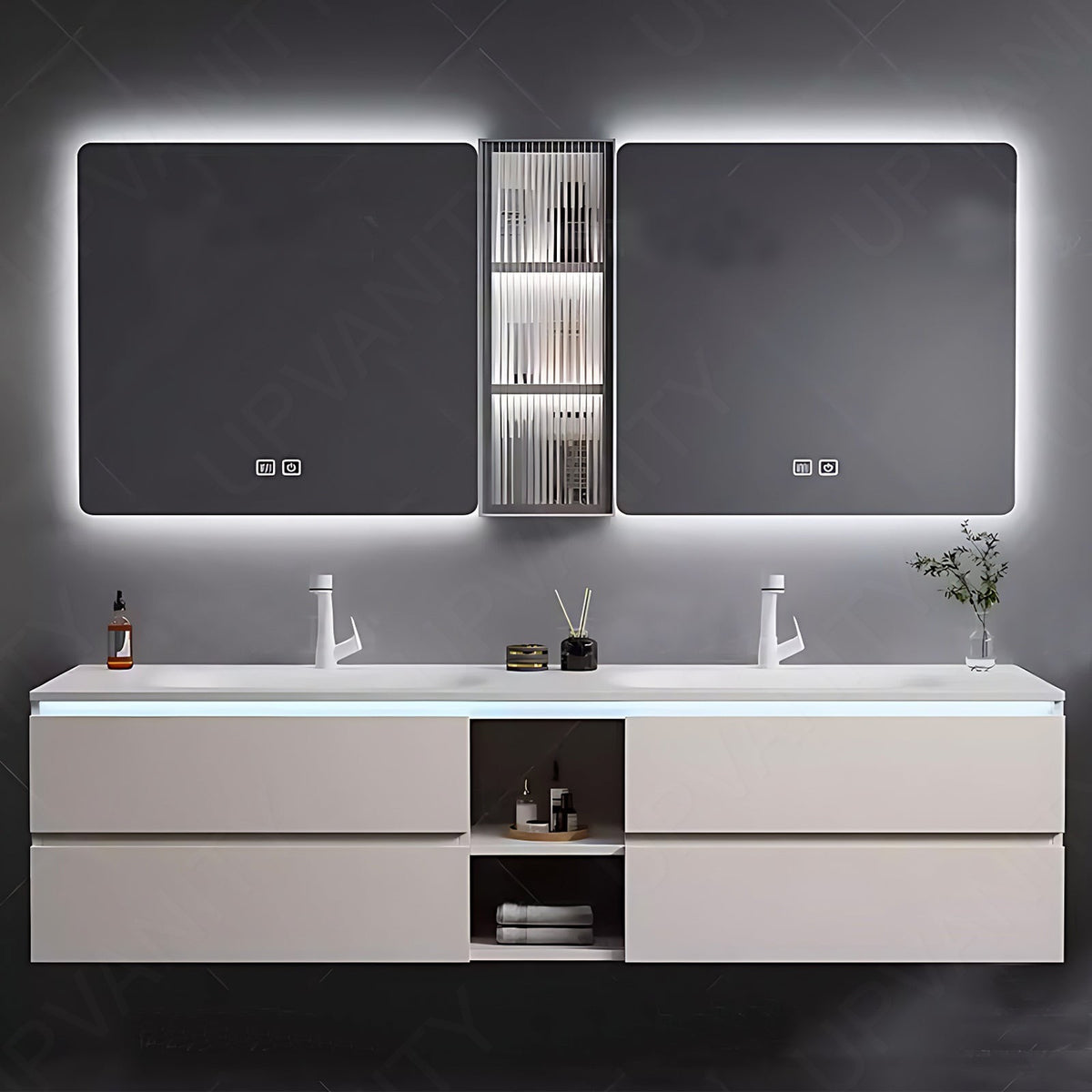 Elegant Bath Vanity Set, White, Sensor Light, 52"- 78", Double, Floating, Dual Smart LED Mirror, Side Cabinet