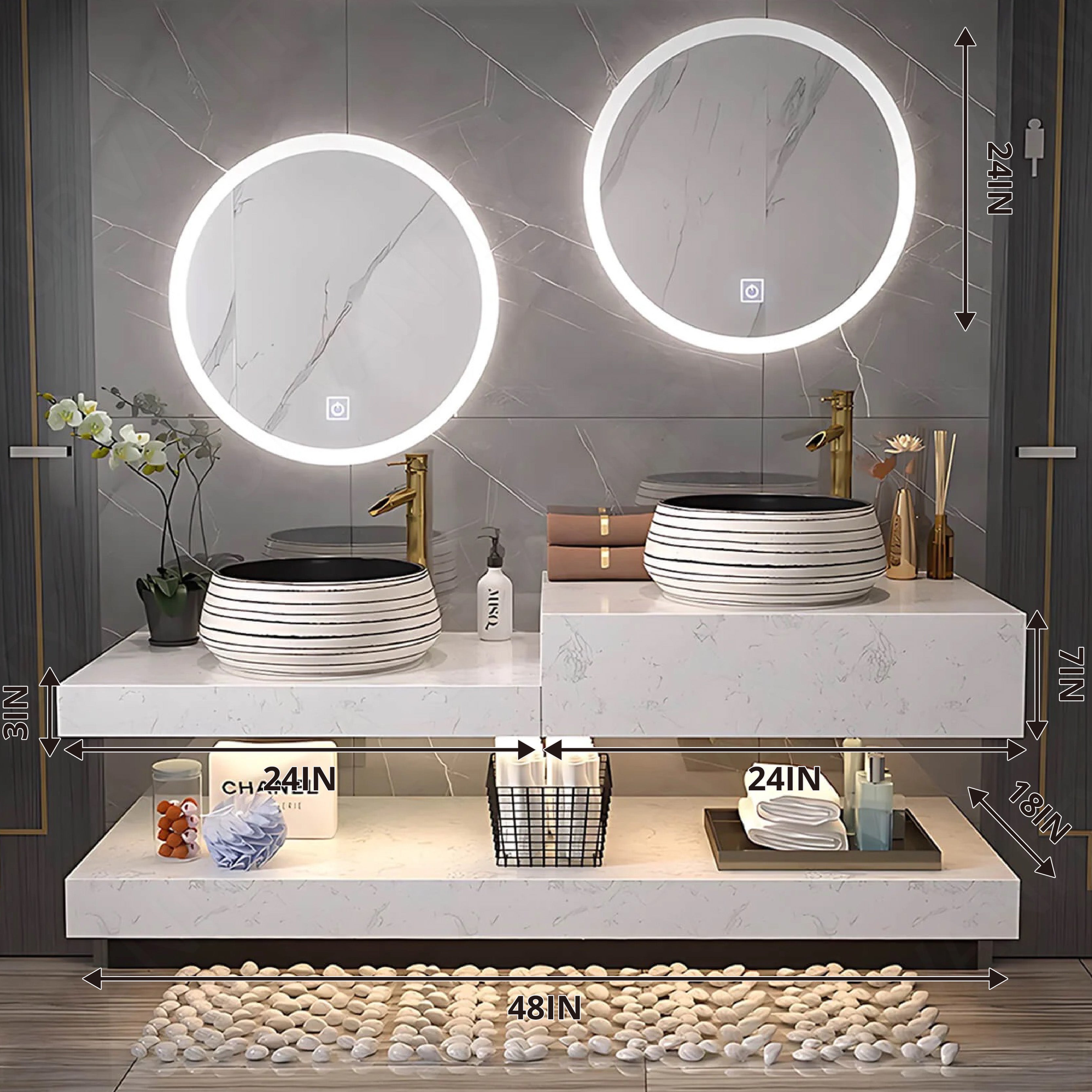Elegant Bath Vanity Set, White, Split Marble Top, 48", Double, Floating, Vessel Sink, Round Smart LED Mirror