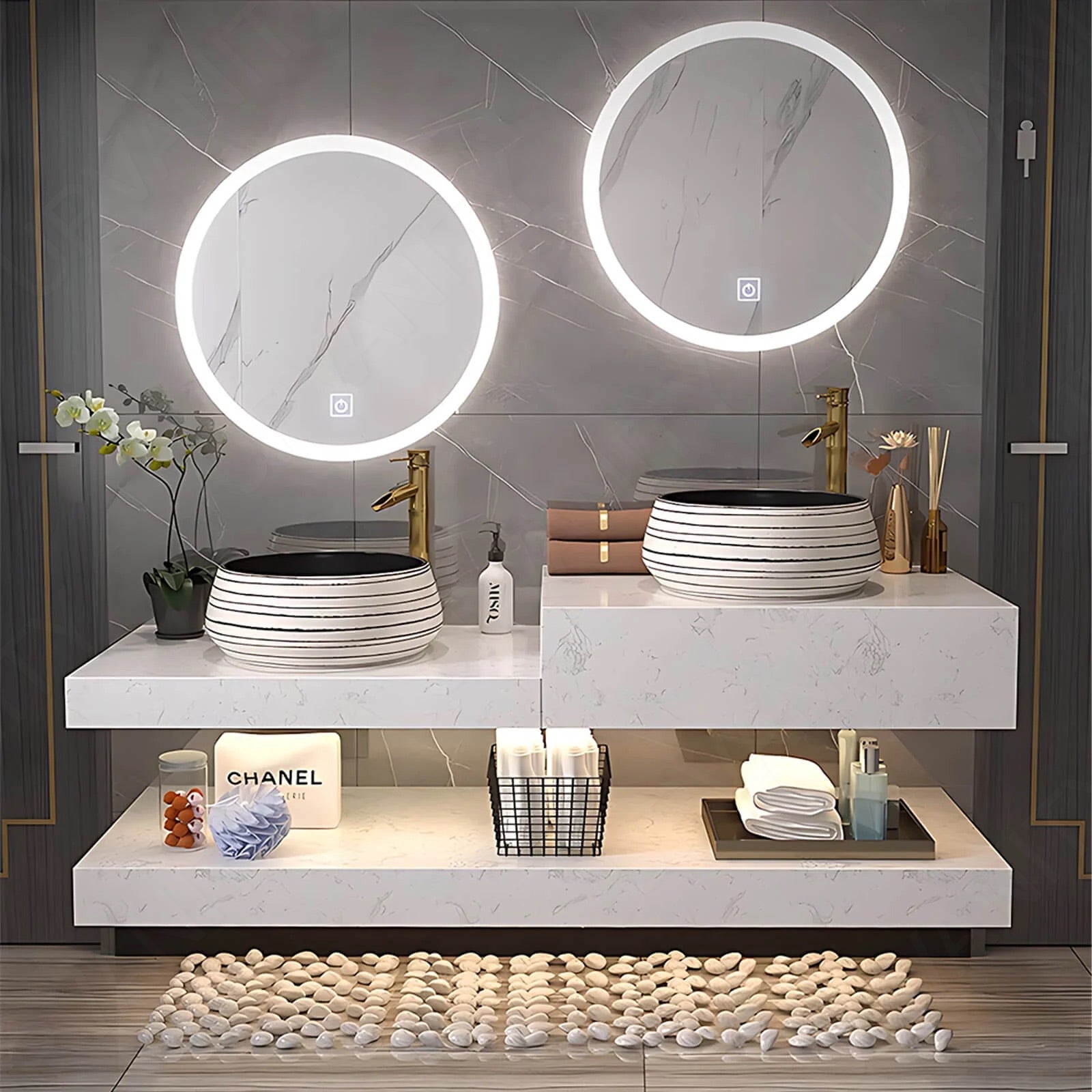 Elegant Bath Vanity Set, White, Split Marble Top, 48", Double, Floating, Vessel Sink, Round Smart LED Mirror