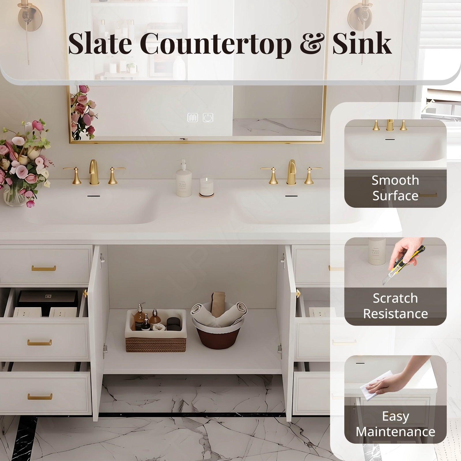 Elegant Bath Vanity Set, White, White Slate Top, Gold Accents, 52"-78", Double, Freestanding, Smart LED Mirror