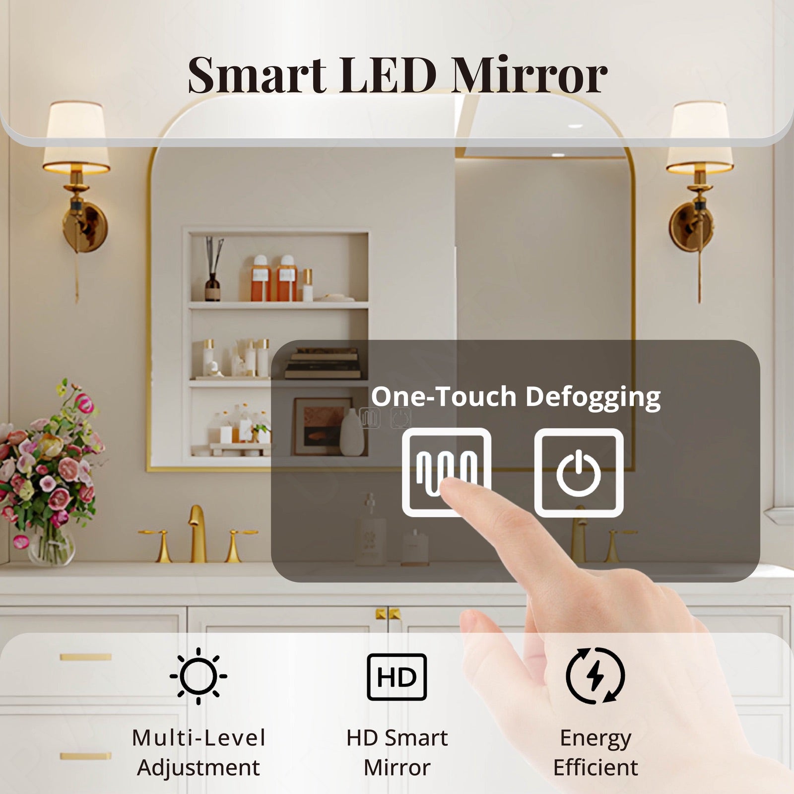 Elegant Bath Vanity Set, White, White Slate Top, Gold Accents, 52"-78", Double, Freestanding, Smart LED Mirror