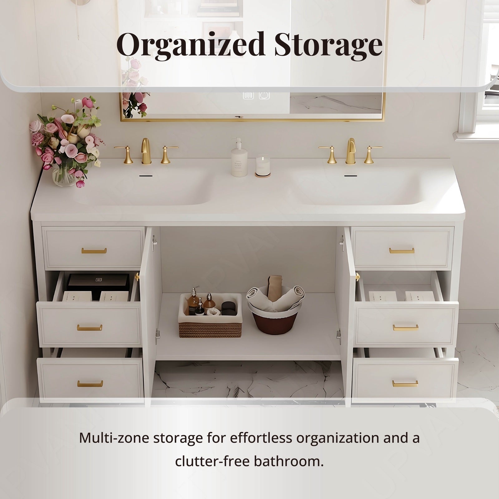 Elegant Bath Vanity Set, White, White Slate Top, Gold Accents, 52"-78", Double, Freestanding, Smart LED Mirror
