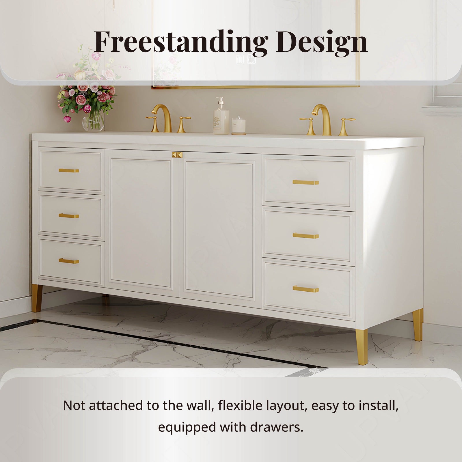 Elegant Bath Vanity Set, White, White Slate Top, Gold Accents, 52"-78", Double, Freestanding, Smart LED Mirror
